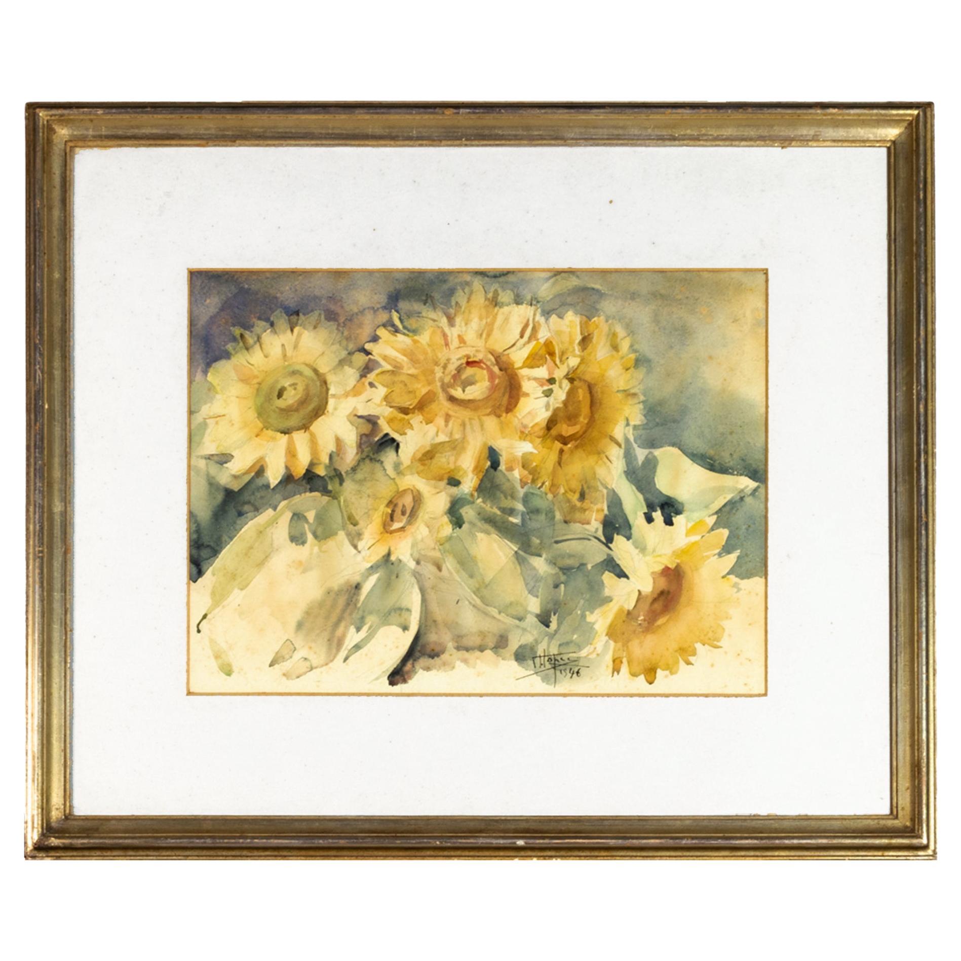 Watercolor Chrysanths Painting By Joaquim Lopes, 1946