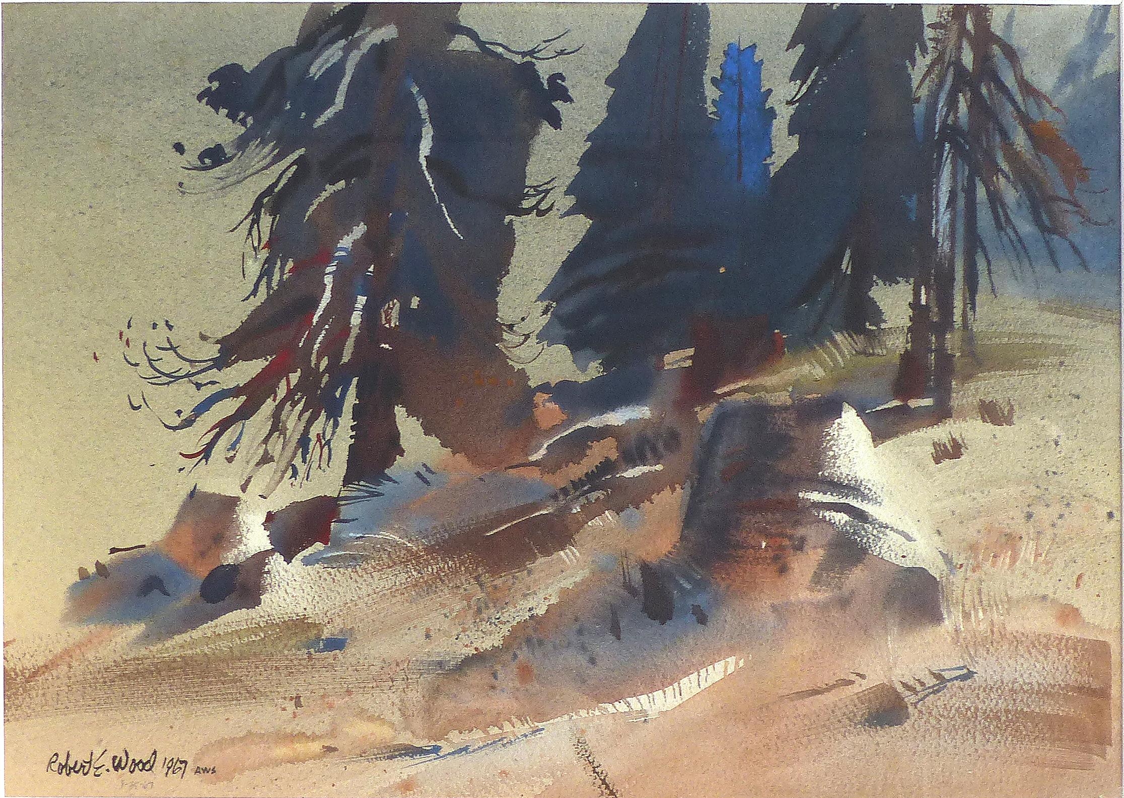 Robert E. Wood 1967 Watercolor, American California Artist 

Offered for sale is an abstract watercolor of a landscape by California artist Robert E, Wood. Signed lower left and dated 1967. Born in Gardena, California, Robert E. Wood is known for
