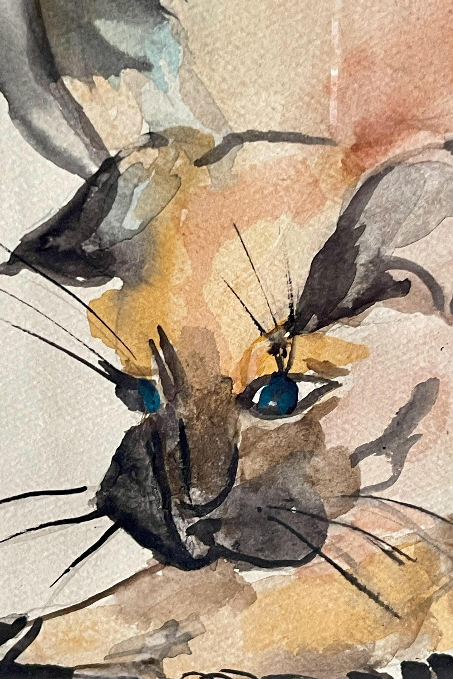 Aquarell mit einer Katze, Rahmen aus Kirschbaumholz, Frankreich 1940. im Angebot 4