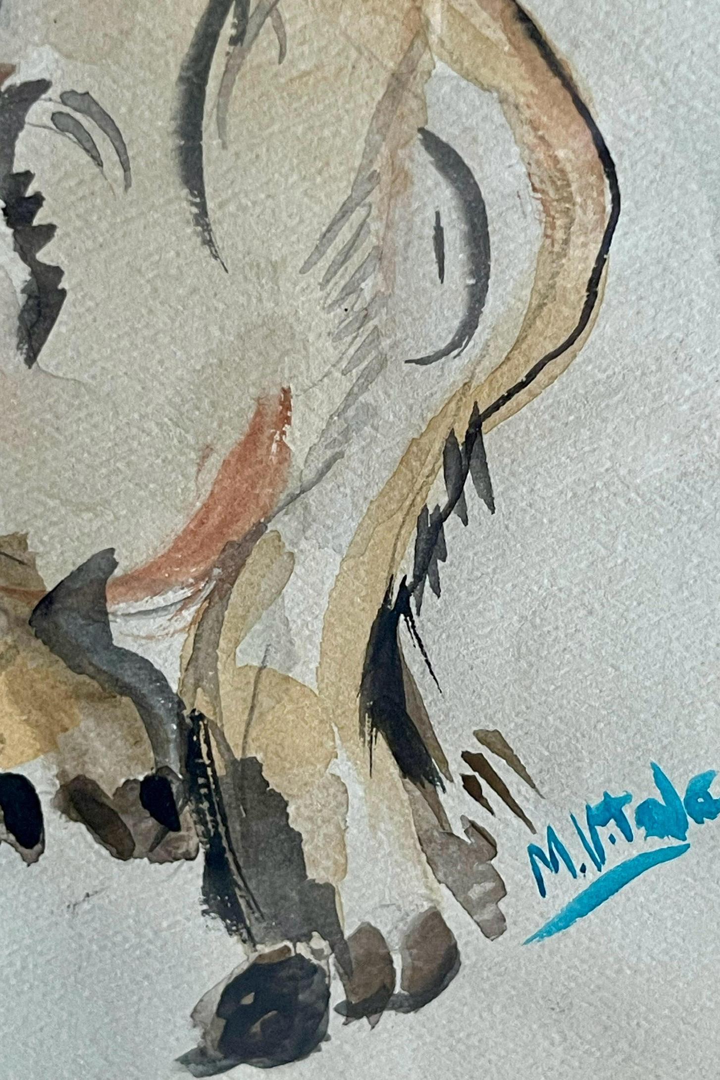 Aquarell mit einer Katze, Rahmen aus Kirschbaumholz, Frankreich 1940. im Angebot 5