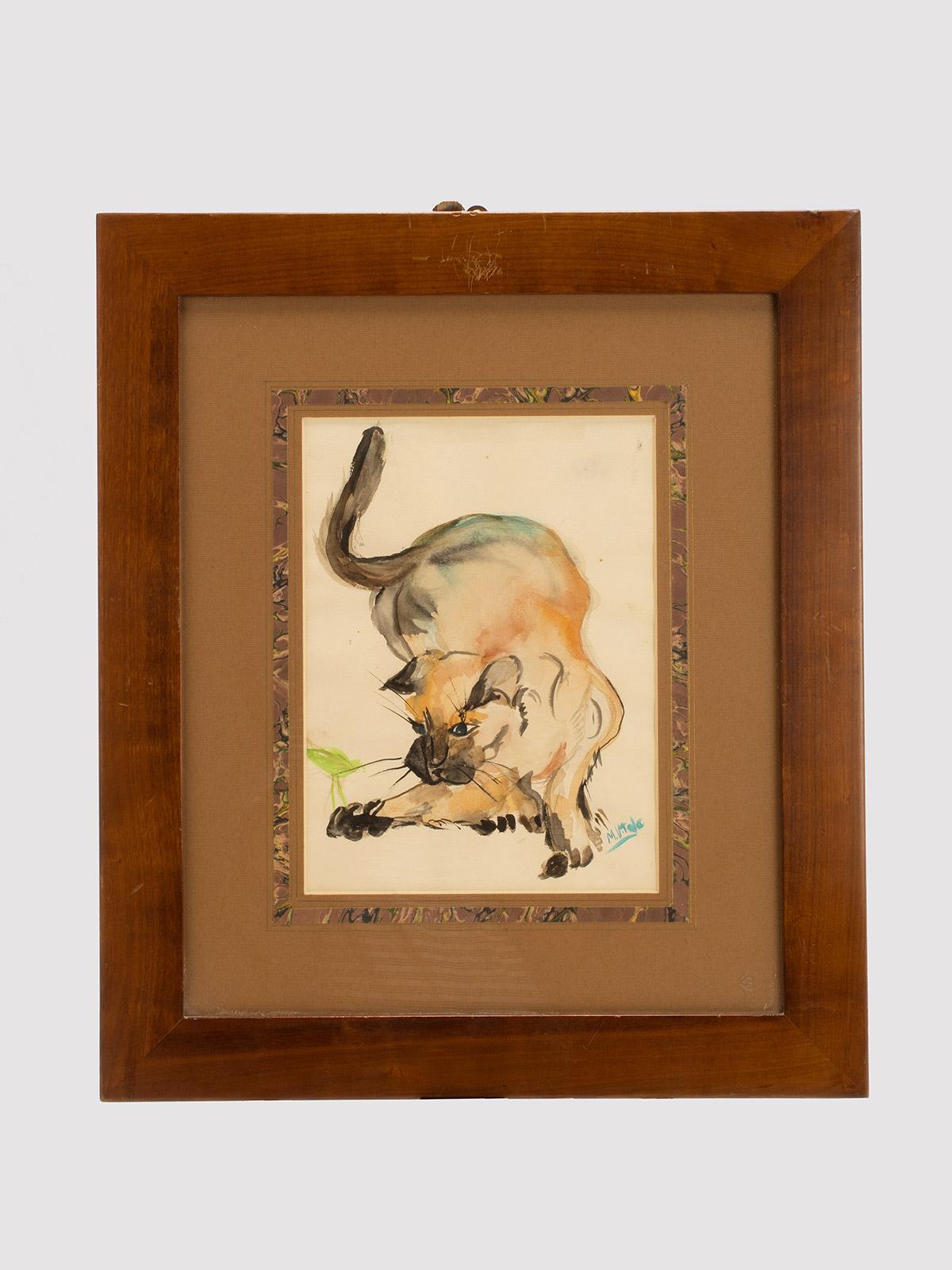 Ein Aquarell, das eine Katze darstellt. Rahmen aus massivem Kirschholz, poliert und mit Bienenwachs behandelt. Frankreich um 1940.
