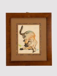 Watercolor depicting a cat, cherry wood frame, France 1940.