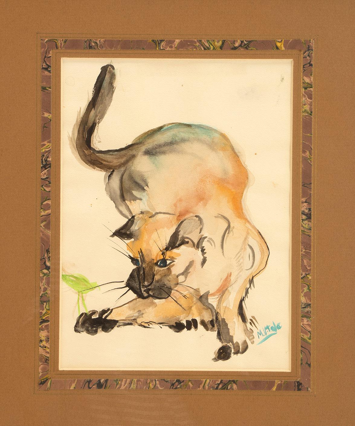 Aquarell mit einer Katze, Rahmen aus Kirschbaumholz, Frankreich 1940. (Französisch) im Angebot