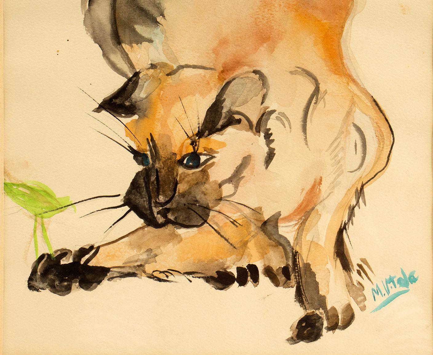 Aquarell mit einer Katze, Rahmen aus Kirschbaumholz, Frankreich 1940. im Zustand „Gut“ im Angebot in Milan, IT