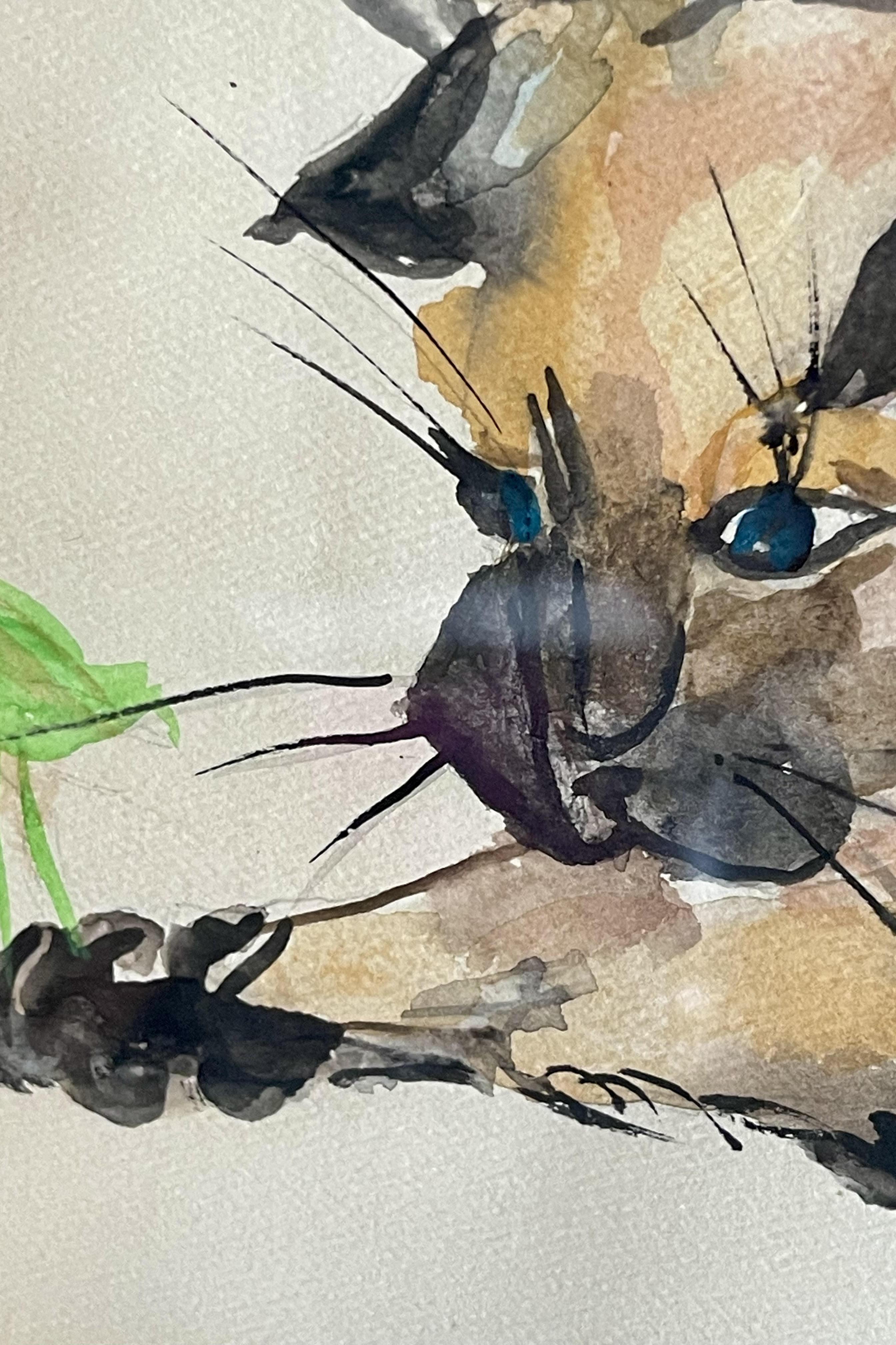 Aquarell mit einer Katze, Rahmen aus Kirschbaumholz, Frankreich 1940. im Angebot 1