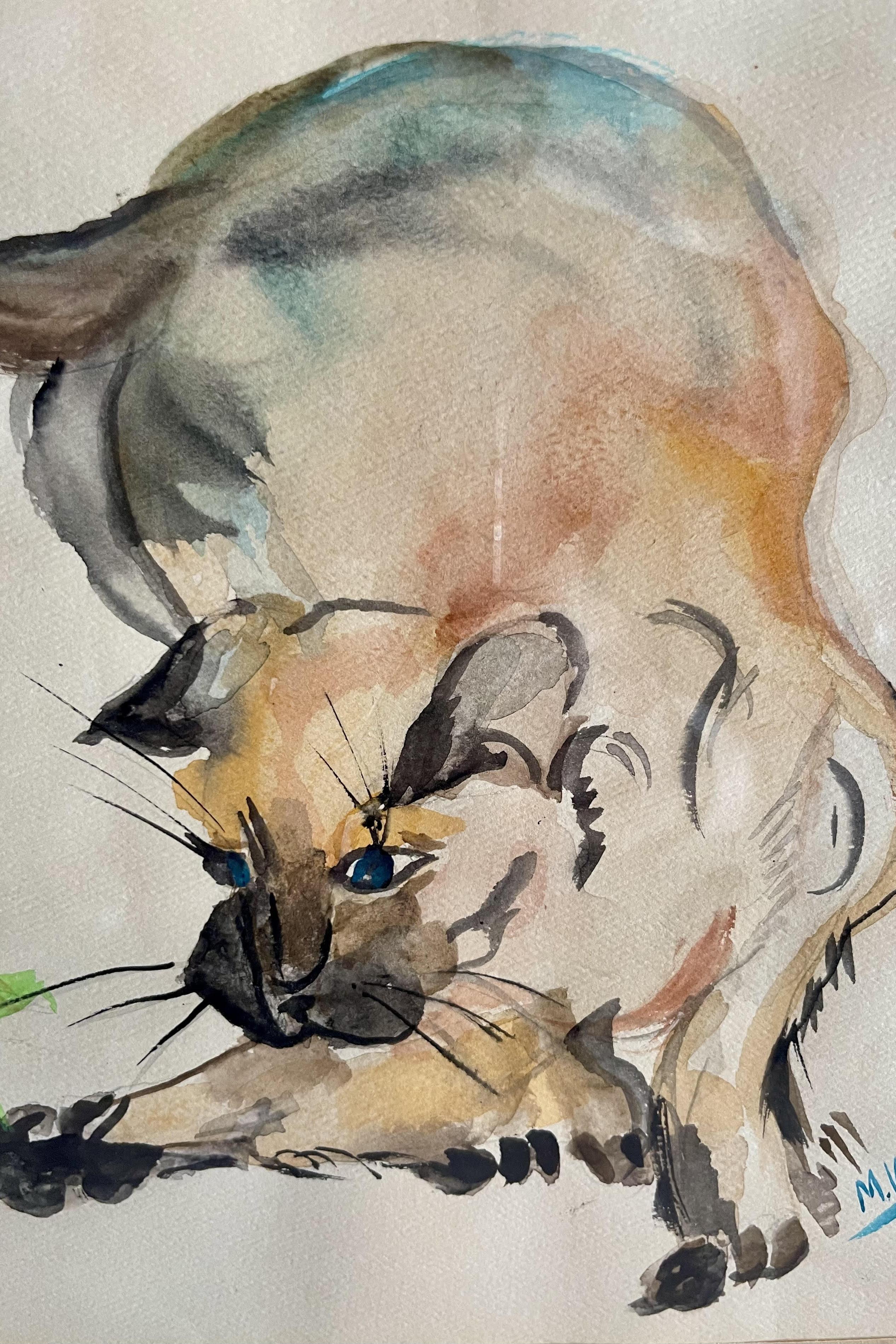 Aquarell mit einer Katze, Rahmen aus Kirschbaumholz, Frankreich 1940. im Angebot 3