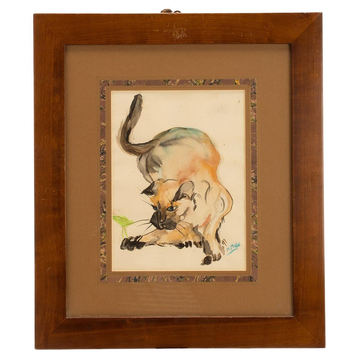 Watercolor depicting a cat, cherry wood frame, France 1940.