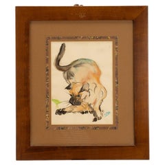 Watercolor depicting a cat, cherry wood frame, France 1940.