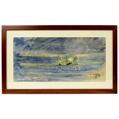 Italy 1920s Aviation Watercolor Drawn Depicting a Twin-Engined Biplane Aircraft 