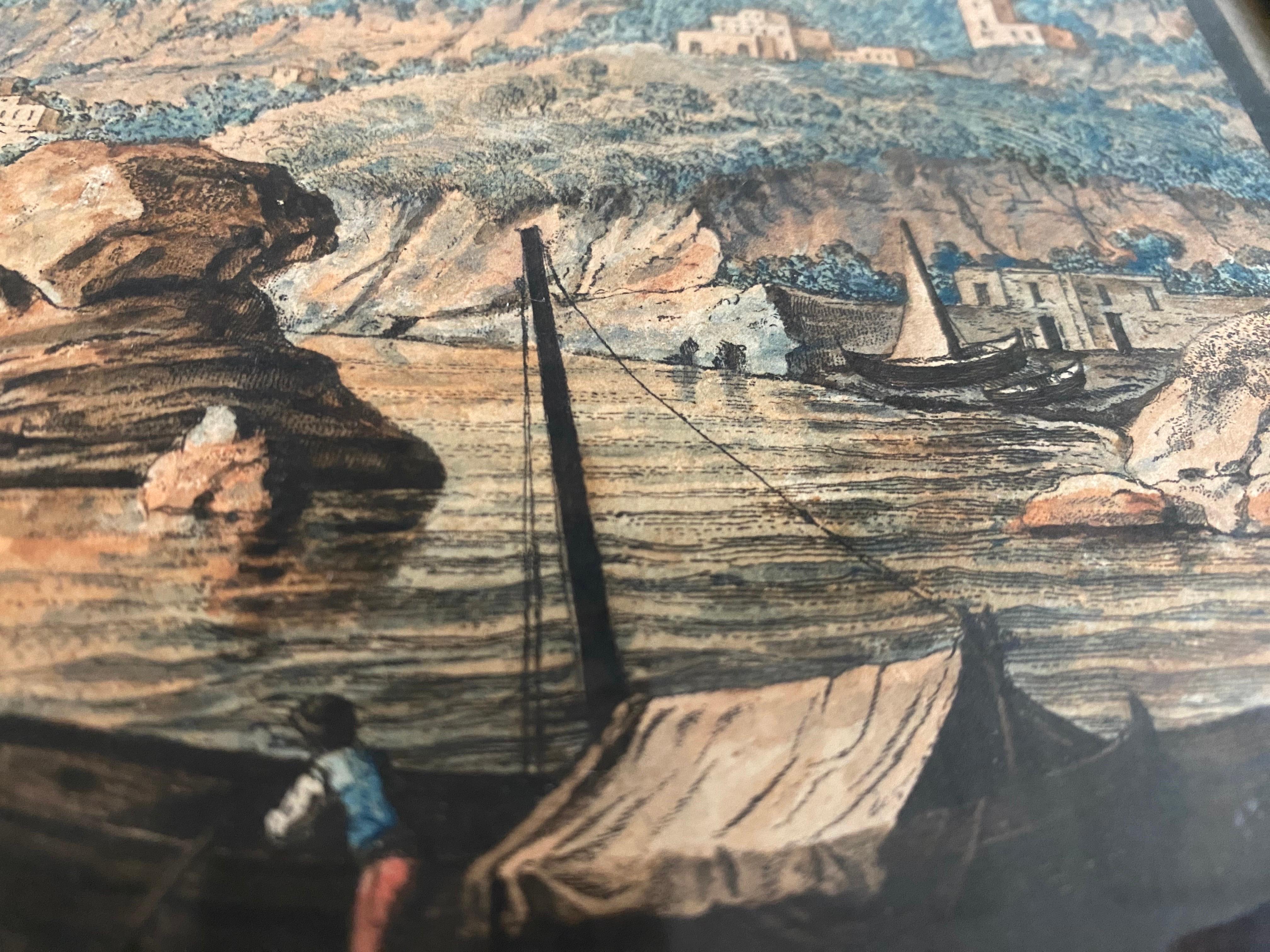 Hand-Painted Watercolor Engraving of View of Island Ischia Lacco by Italian Pietro Fabris