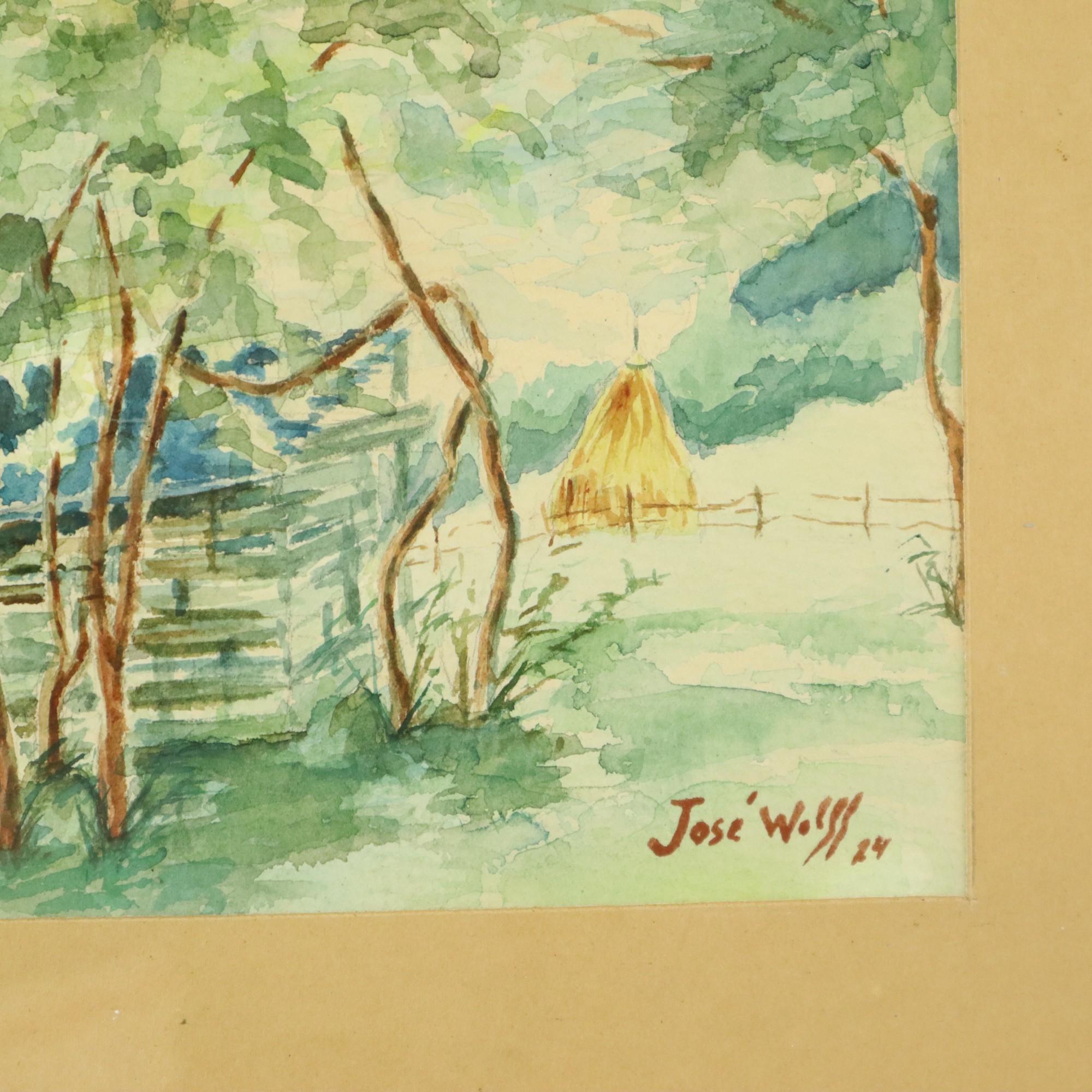 Aquarell José Wolff Kunst Gemälde hölzernen Barock Stil Rahmen 1924 (Frühes 20. Jahrhundert) im Angebot