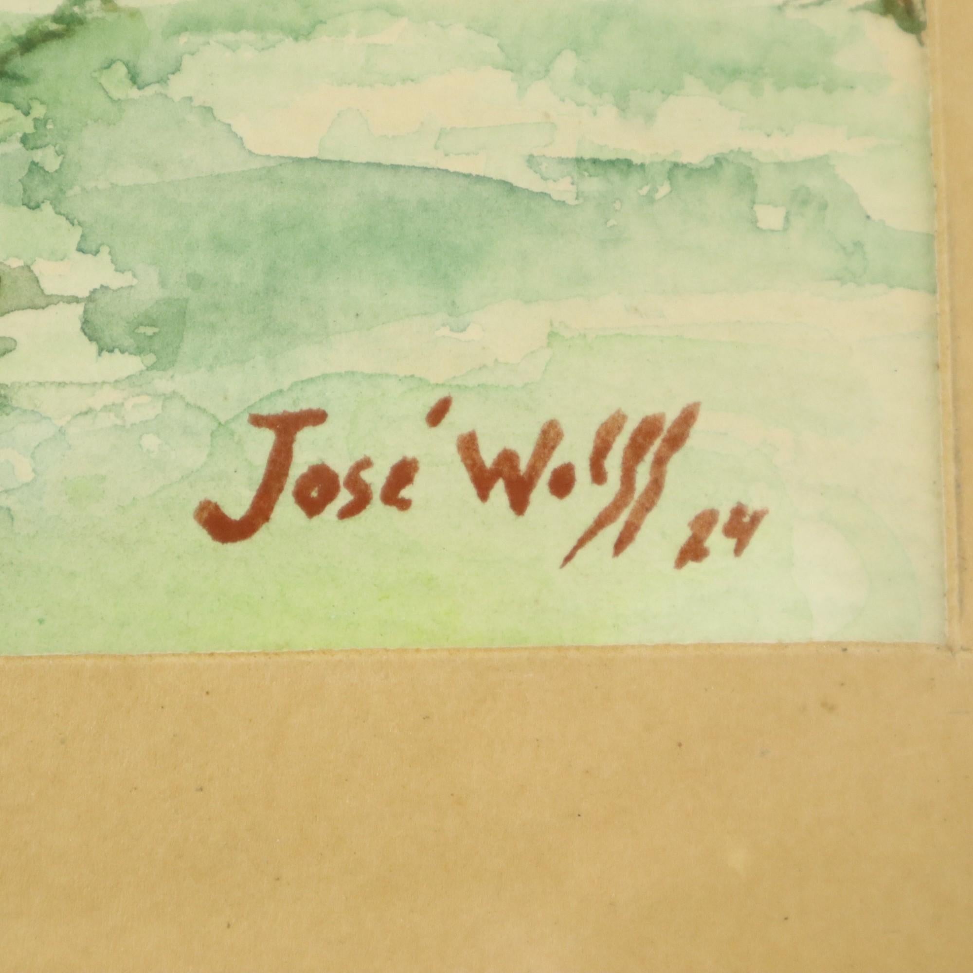 Aquarell José Wolff Kunst Gemälde hölzernen Barock Stil Rahmen 1924 (Holz) im Angebot