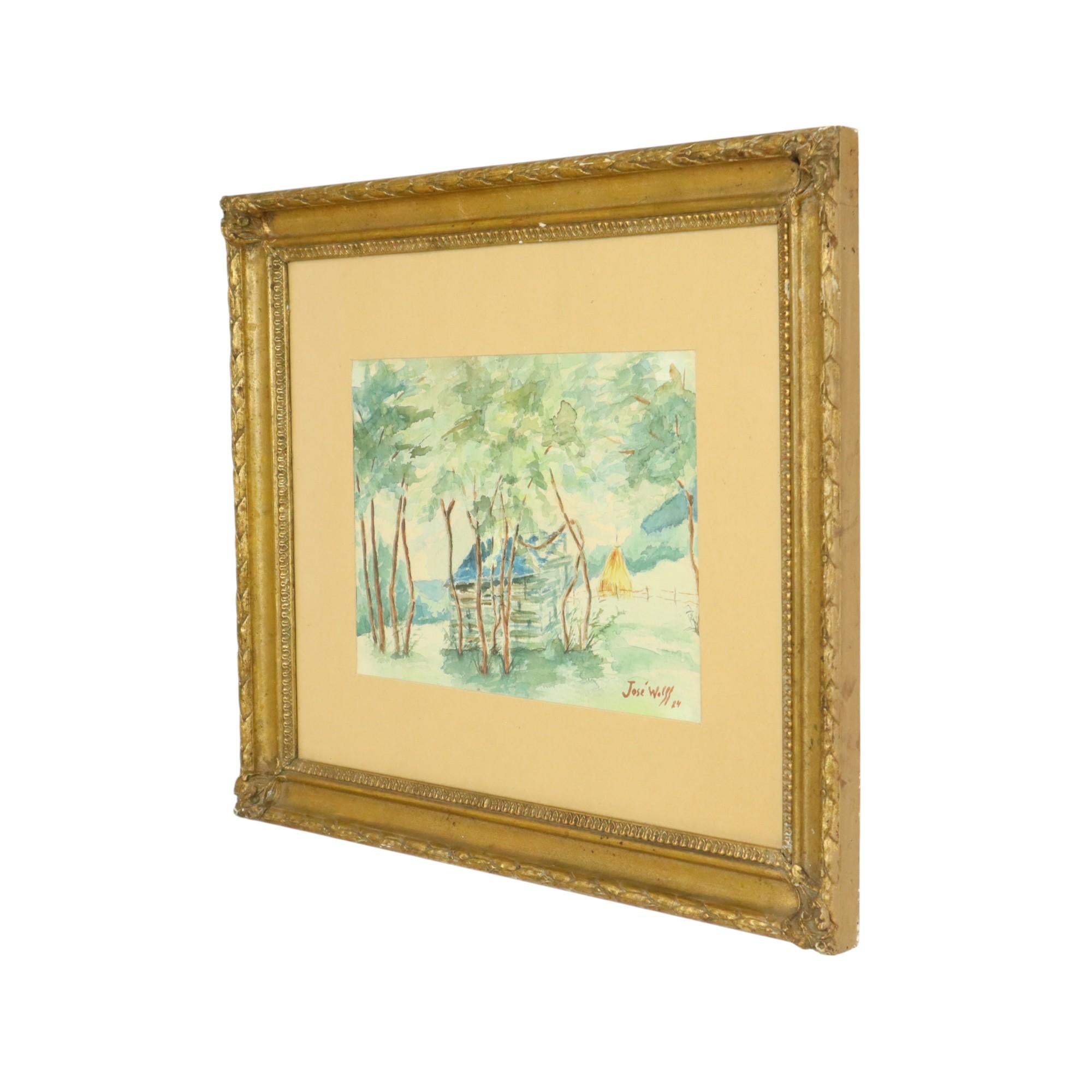 Aquarell José Wolff Kunst Gemälde hölzernen Barock Stil Rahmen 1924 im Angebot 1
