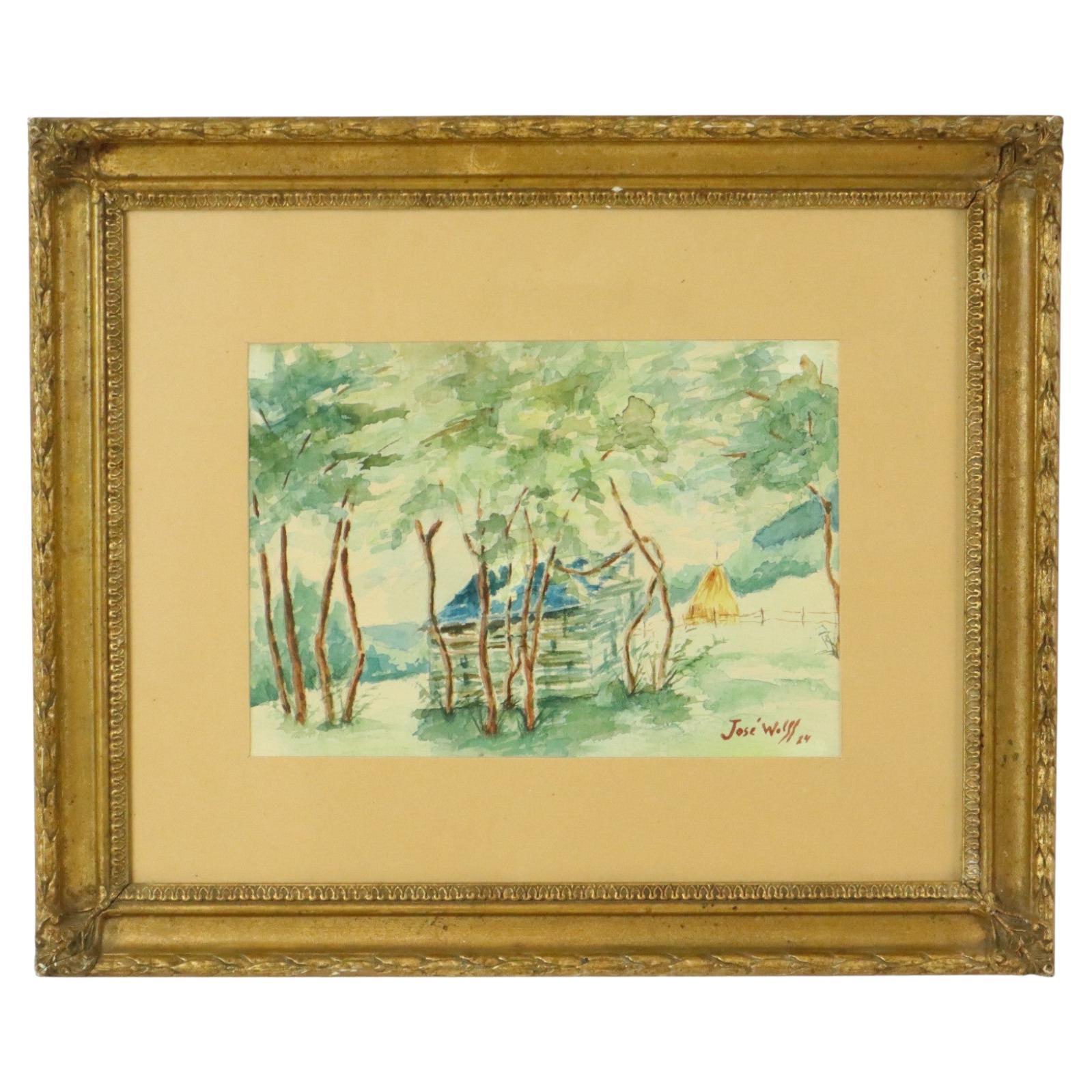Aquarell José Wolff Kunst Gemälde hölzernen Barock Stil Rahmen 1924