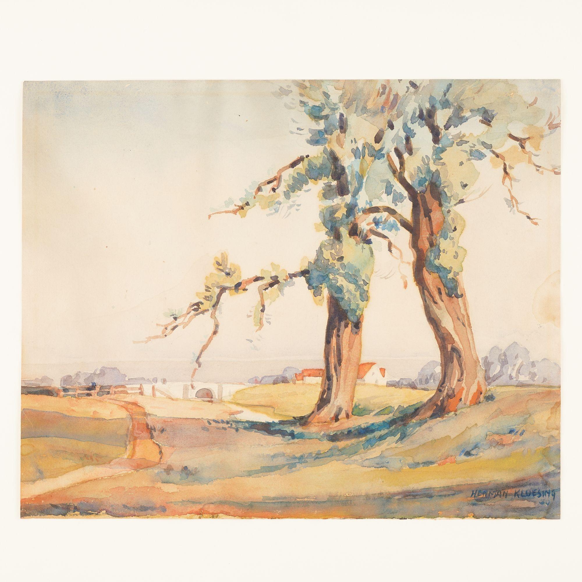 Paesaggio acquerellato incorniciato in una modanatura contemporanea su supporto museale con vetro UV.
Americano, circa 1930.