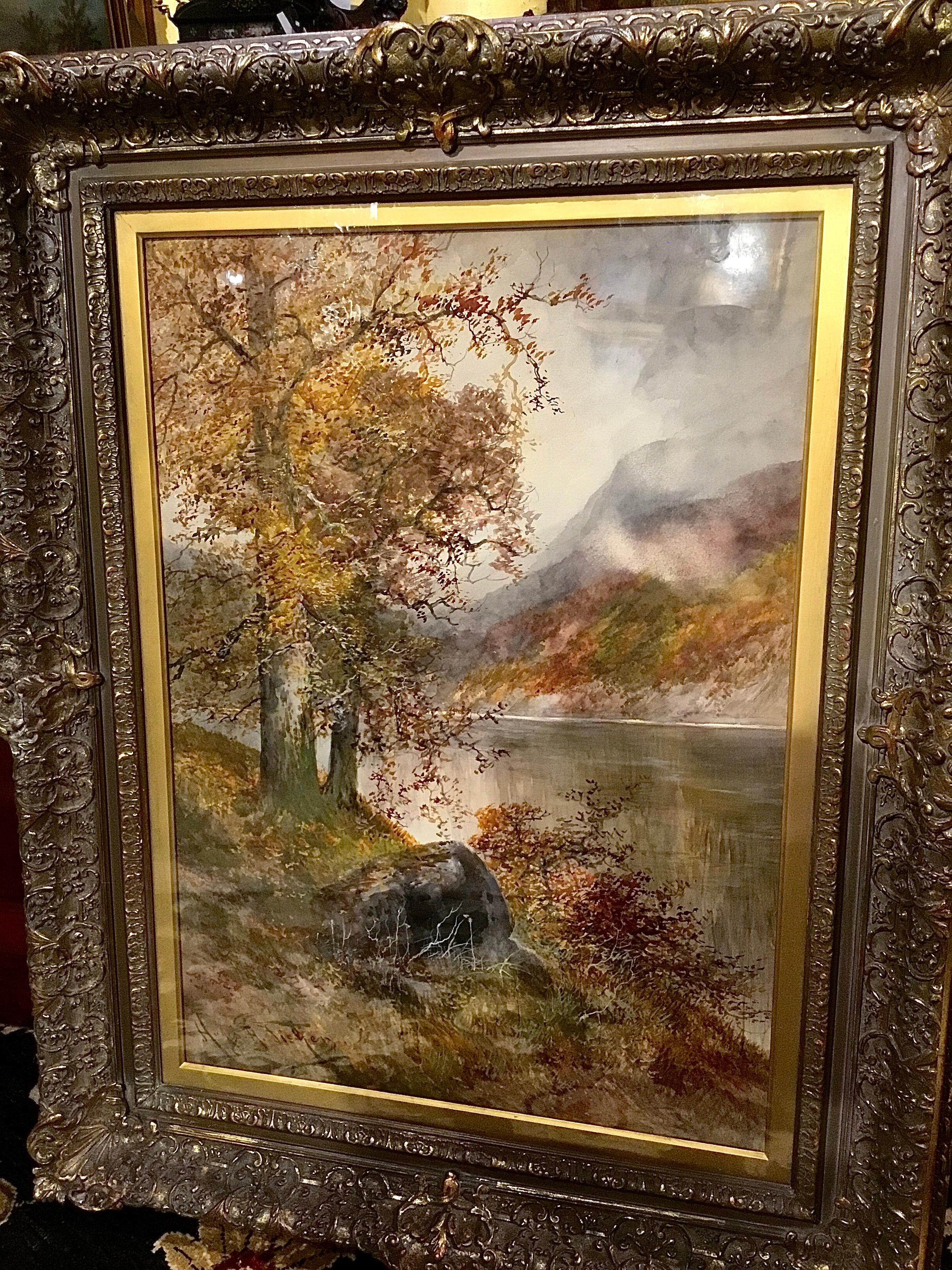 Watercolor Landscape Painting in Antique Frame by Hugo A. Fisher 1854-1916 In Good Condition In Houston, TX