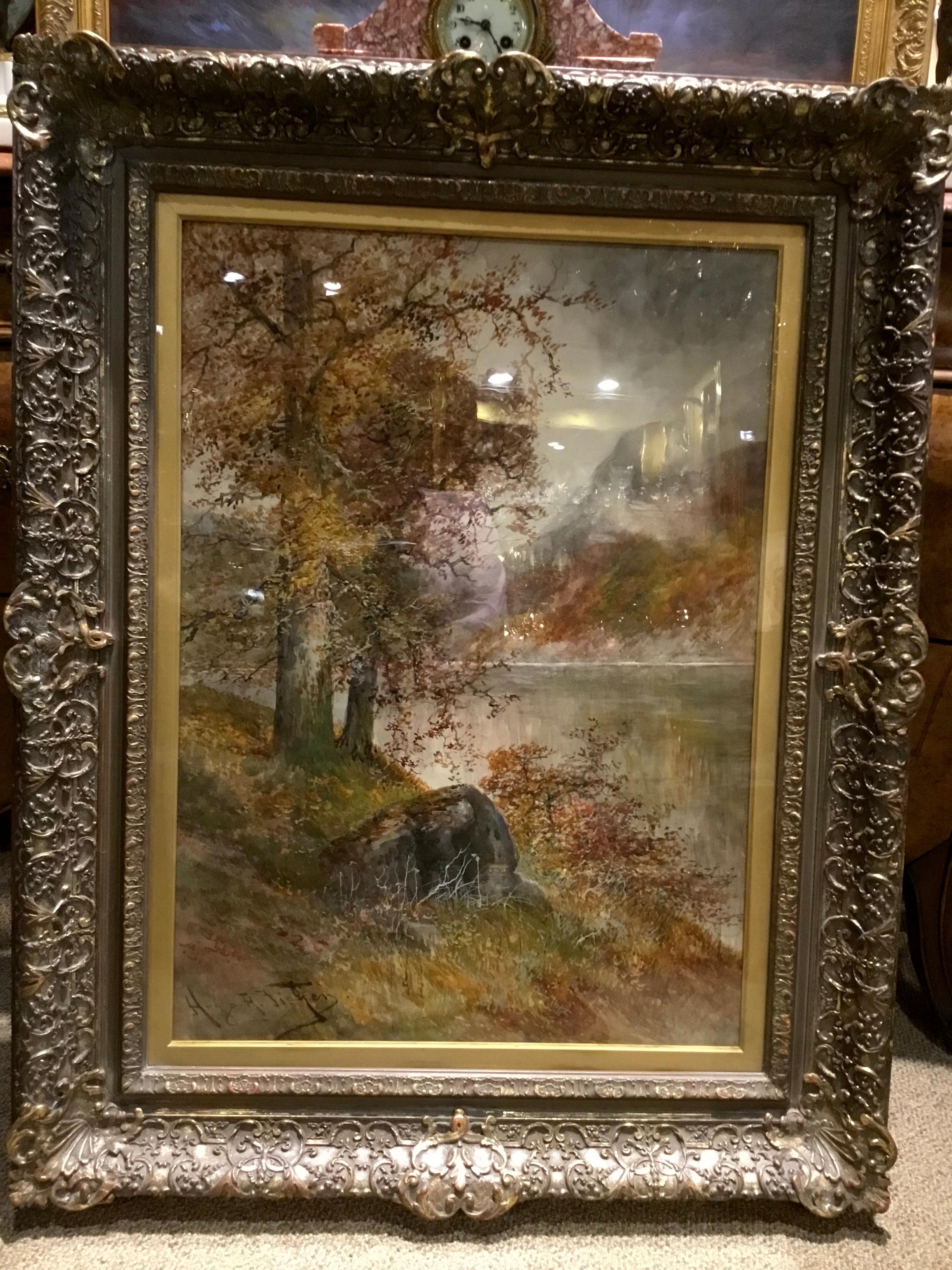 19th Century Watercolor Landscape Painting in Antique Frame by Hugo A. Fisher 1854-1916