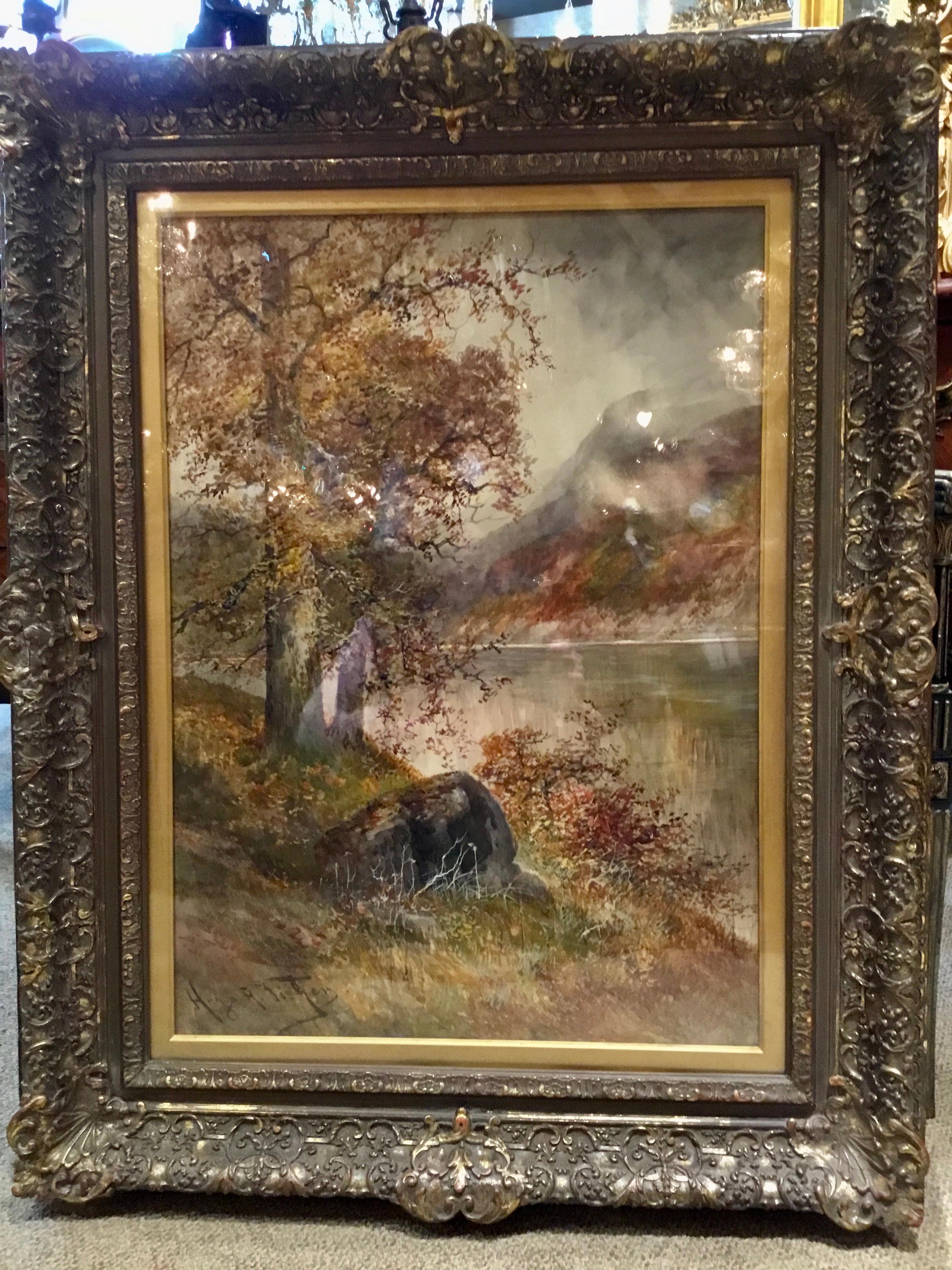 Watercolor Landscape Painting in Antique Frame by Hugo A. Fisher 1854-1916 1