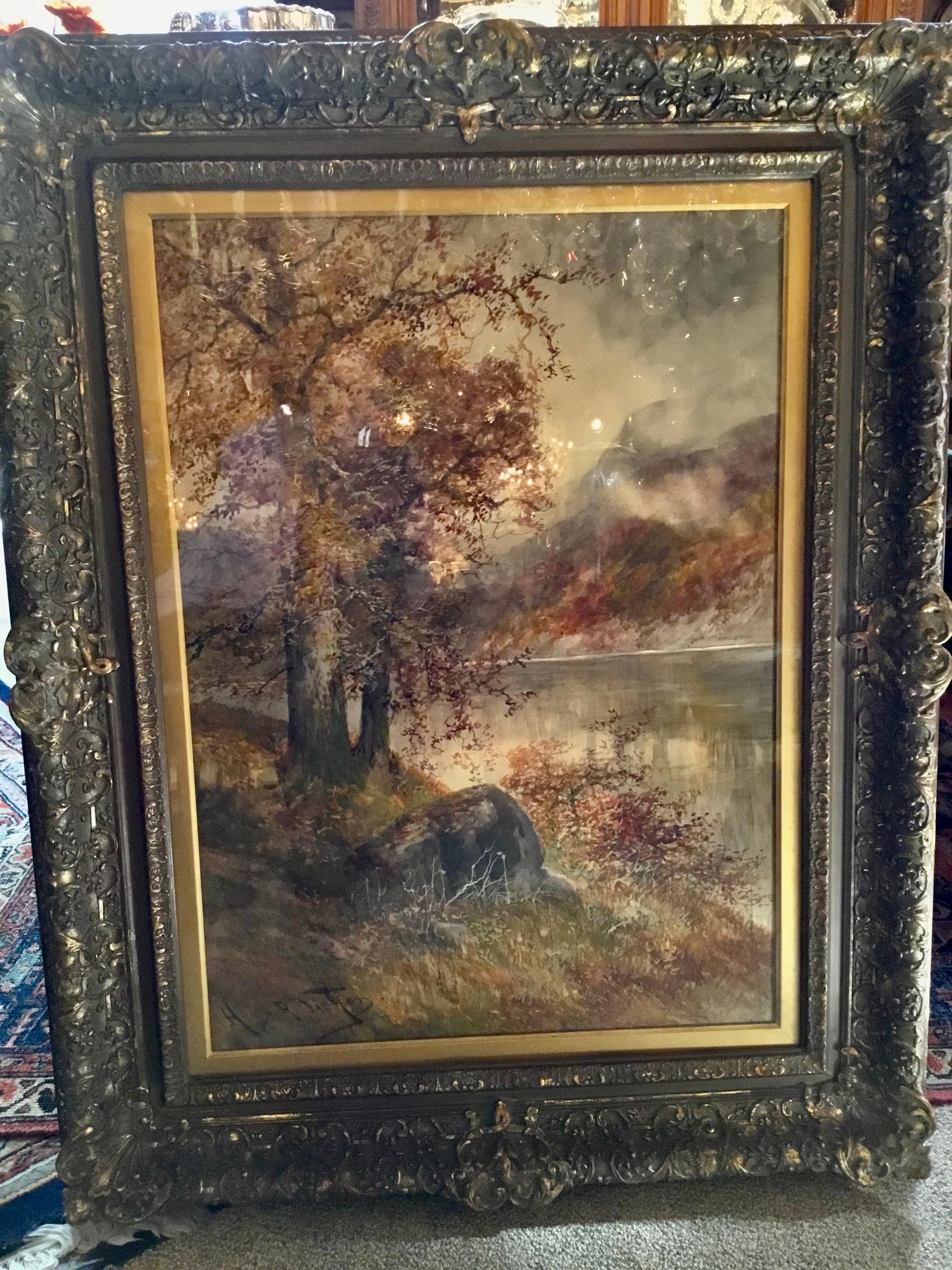 Watercolor Landscape Painting in Antique Frame by Hugo A. Fisher 1854-1916 2
