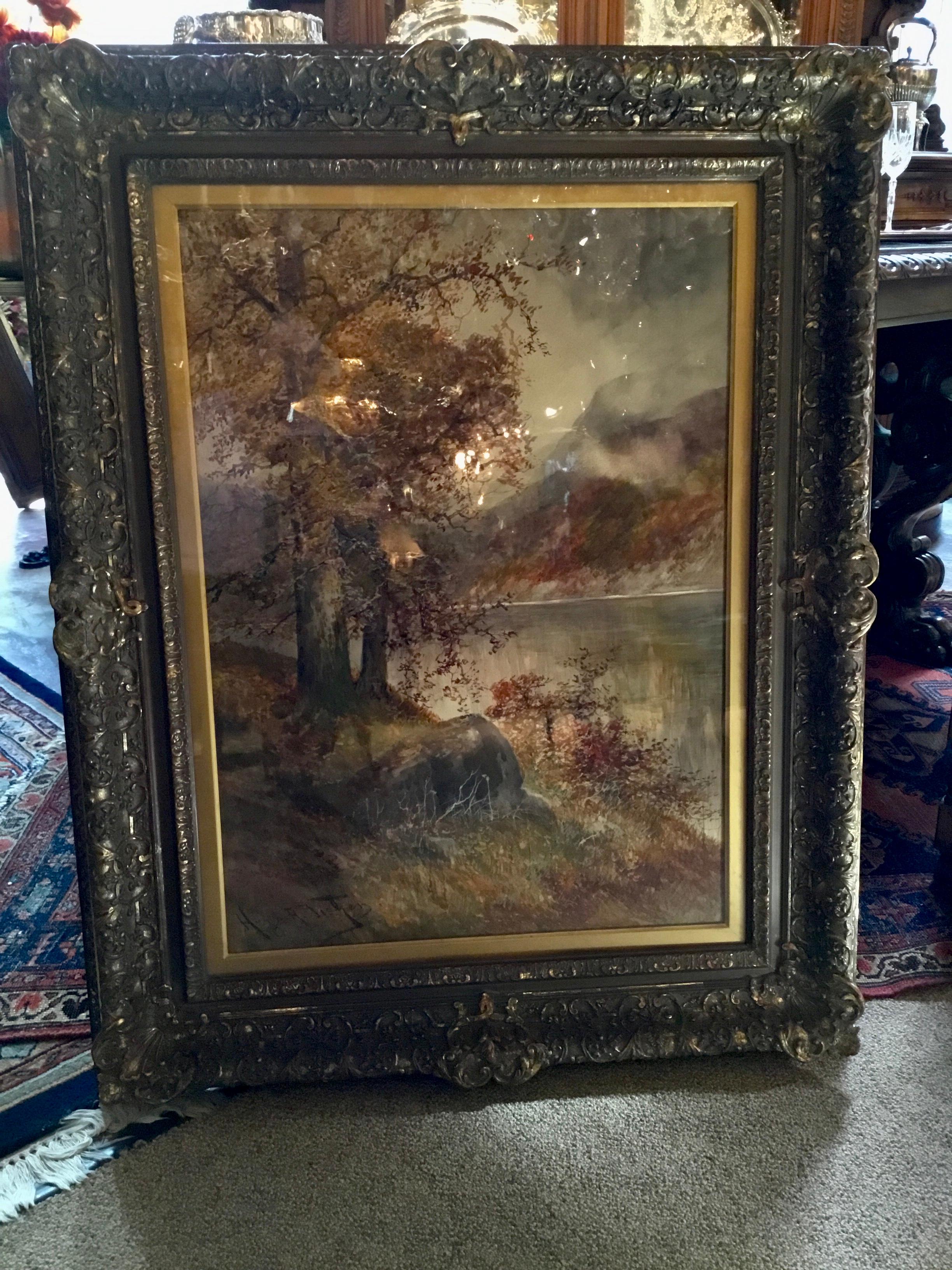 Watercolor Landscape Painting in Antique Frame by Hugo A. Fisher 1854-1916 3