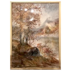 Watercolor Landscape Painting in Antique Frame by Hugo A. Fisher 1854-1916