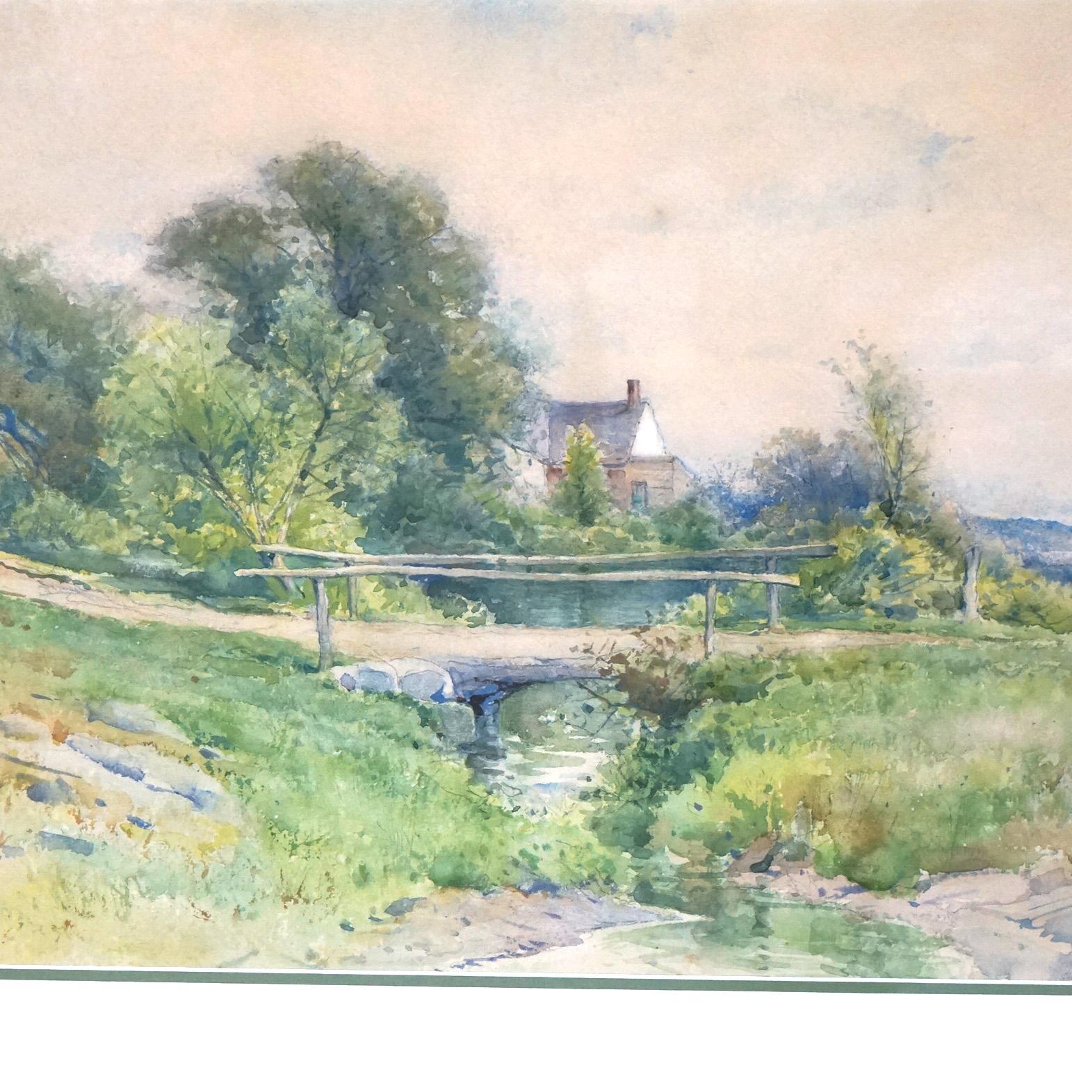 Peinture de paysage à l'aquarelle avec pont de campagne, ruisseau et structure par G H Smillie, encadrée, 20e siècle

Mesures- 21,5''H x 28,5''L x 1''P (épais) ; 25'' x 19'' vue