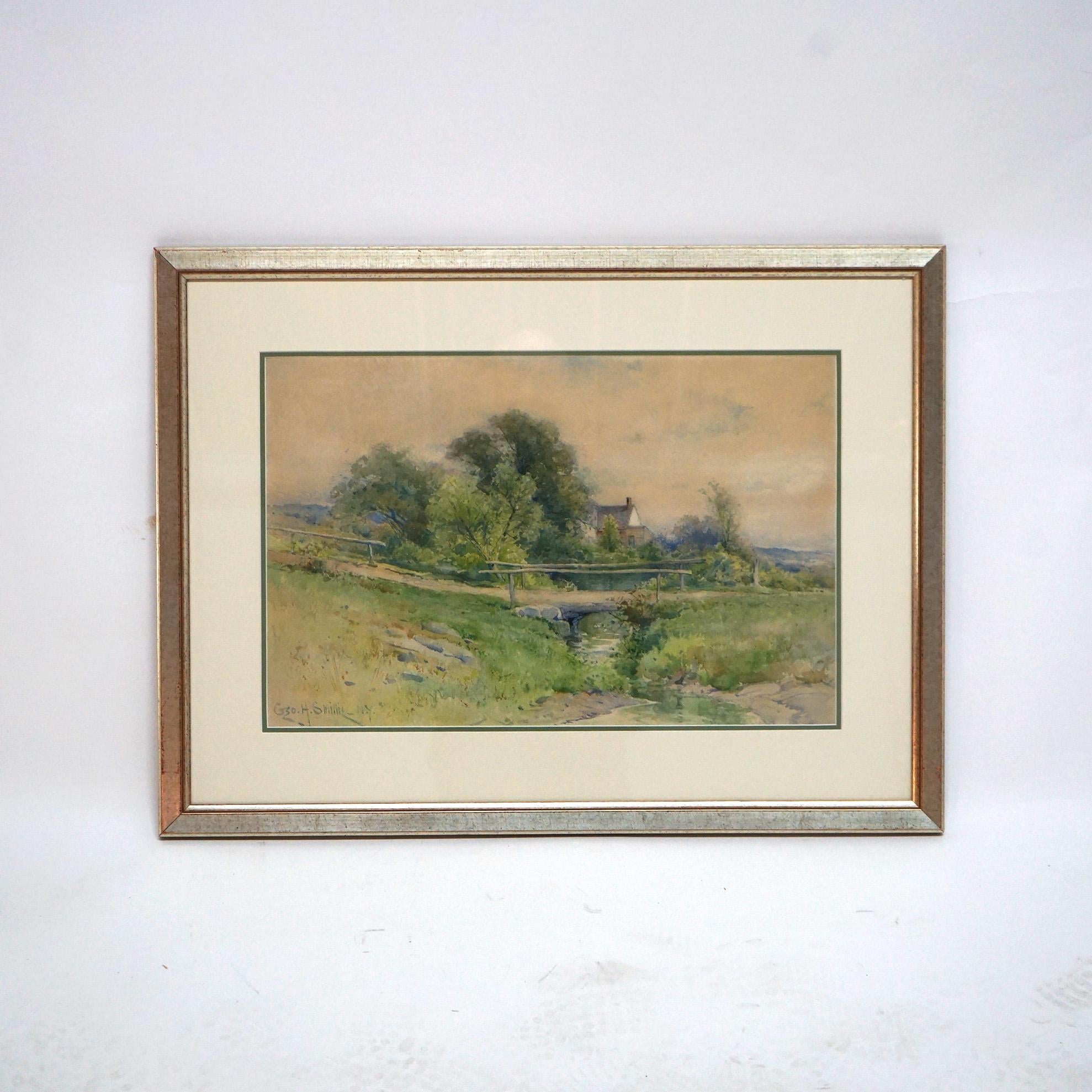 Hand-Painted Watercolor Landscape Painting with Country Bridge by G H Smillie, Framed, 20thC For Sale
