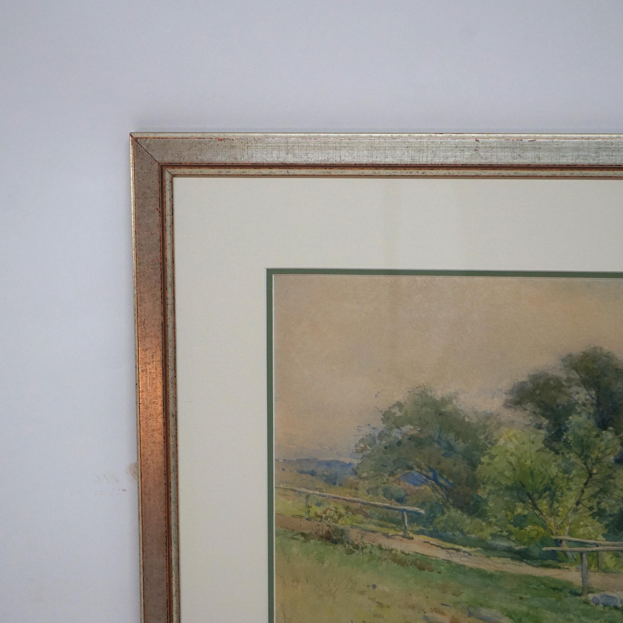 Watercolor Landscape Painting with Country Bridge by G H Smillie, Framed, 20thC In Good Condition For Sale In Big Flats, NY