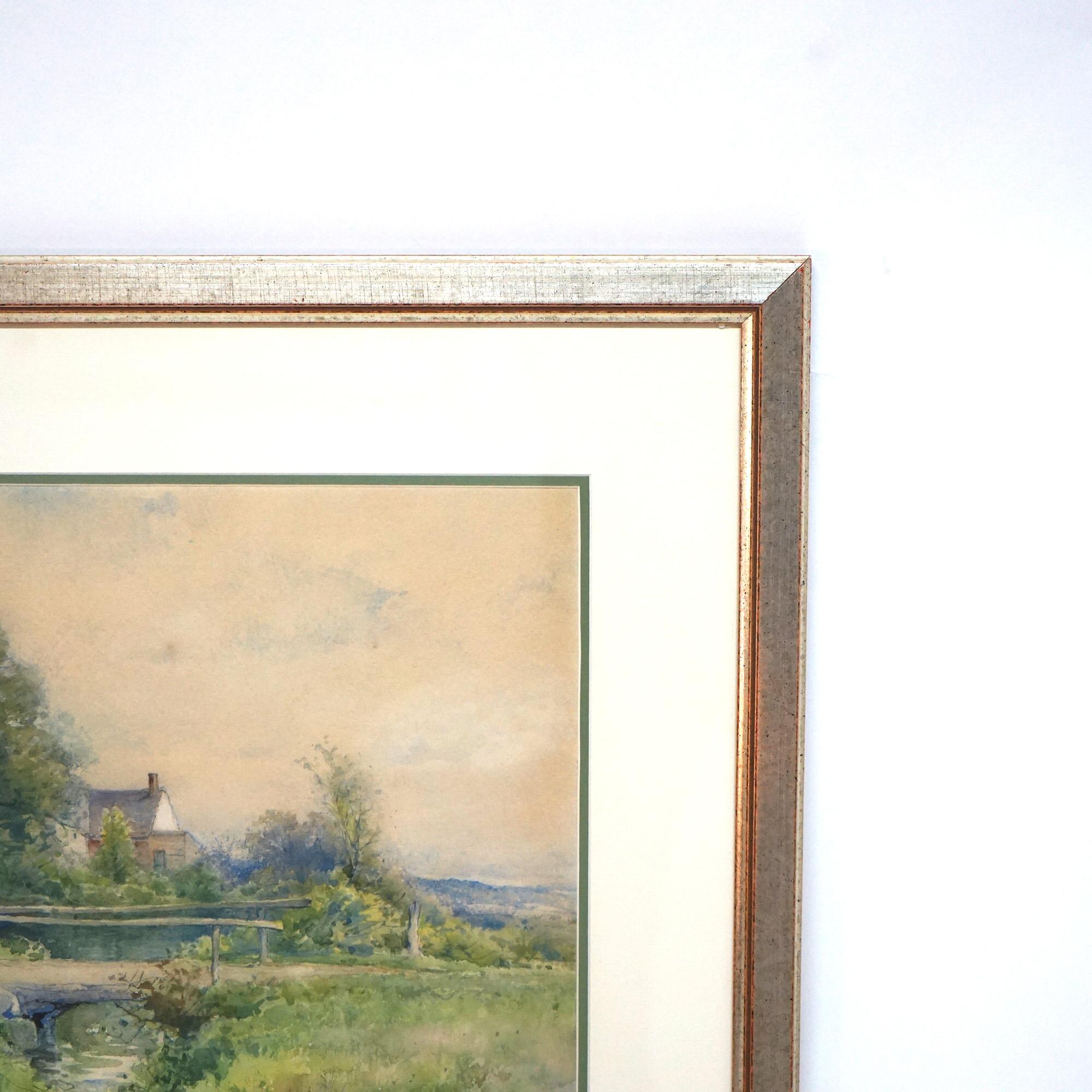 20ième siècle Peinture de paysage à l'aquarelle avec pont de campagne par G H Smillie, encadrée, 20e siècle en vente