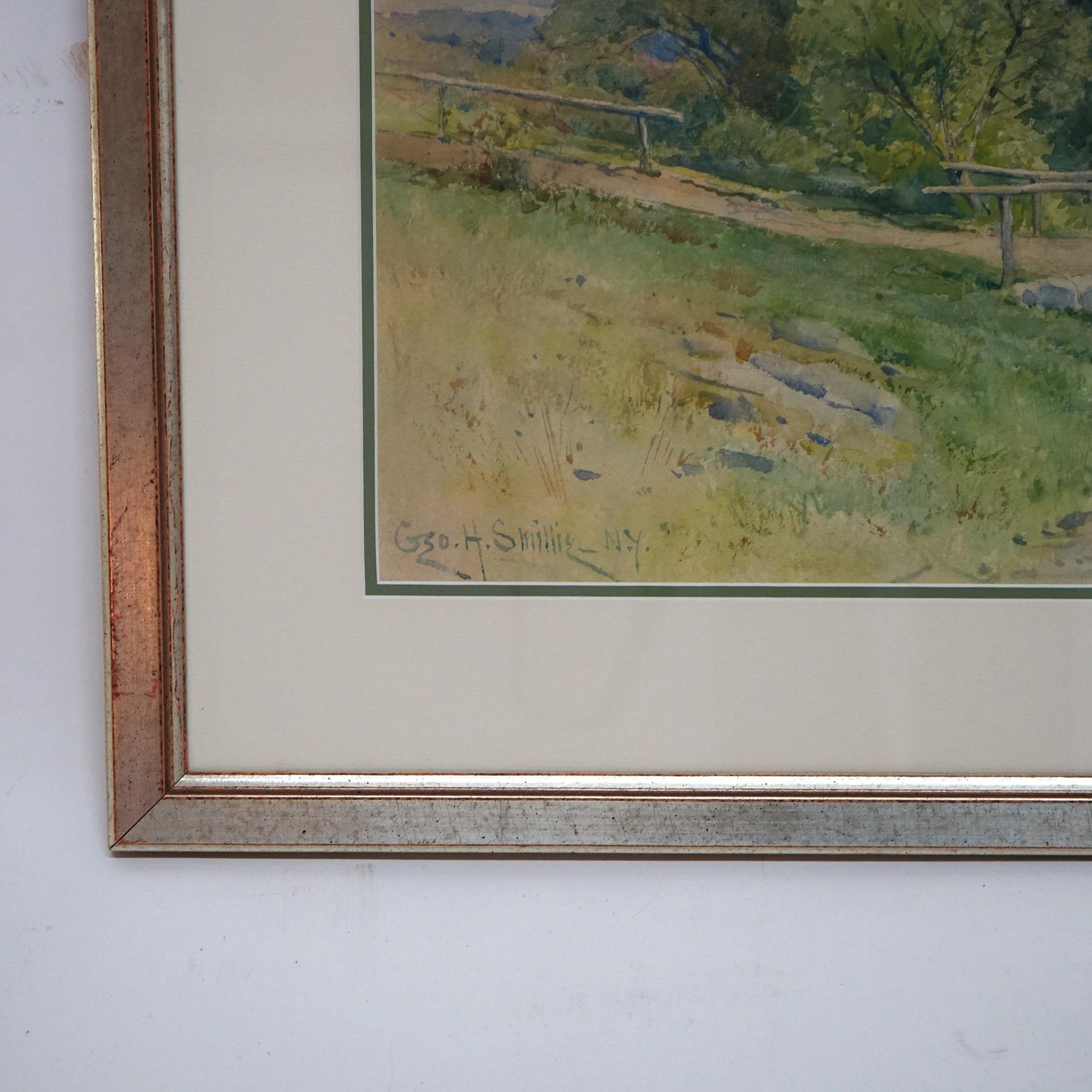 Watercolor Landscape Painting with Country Bridge by G H Smillie, Framed, 20thC For Sale 1
