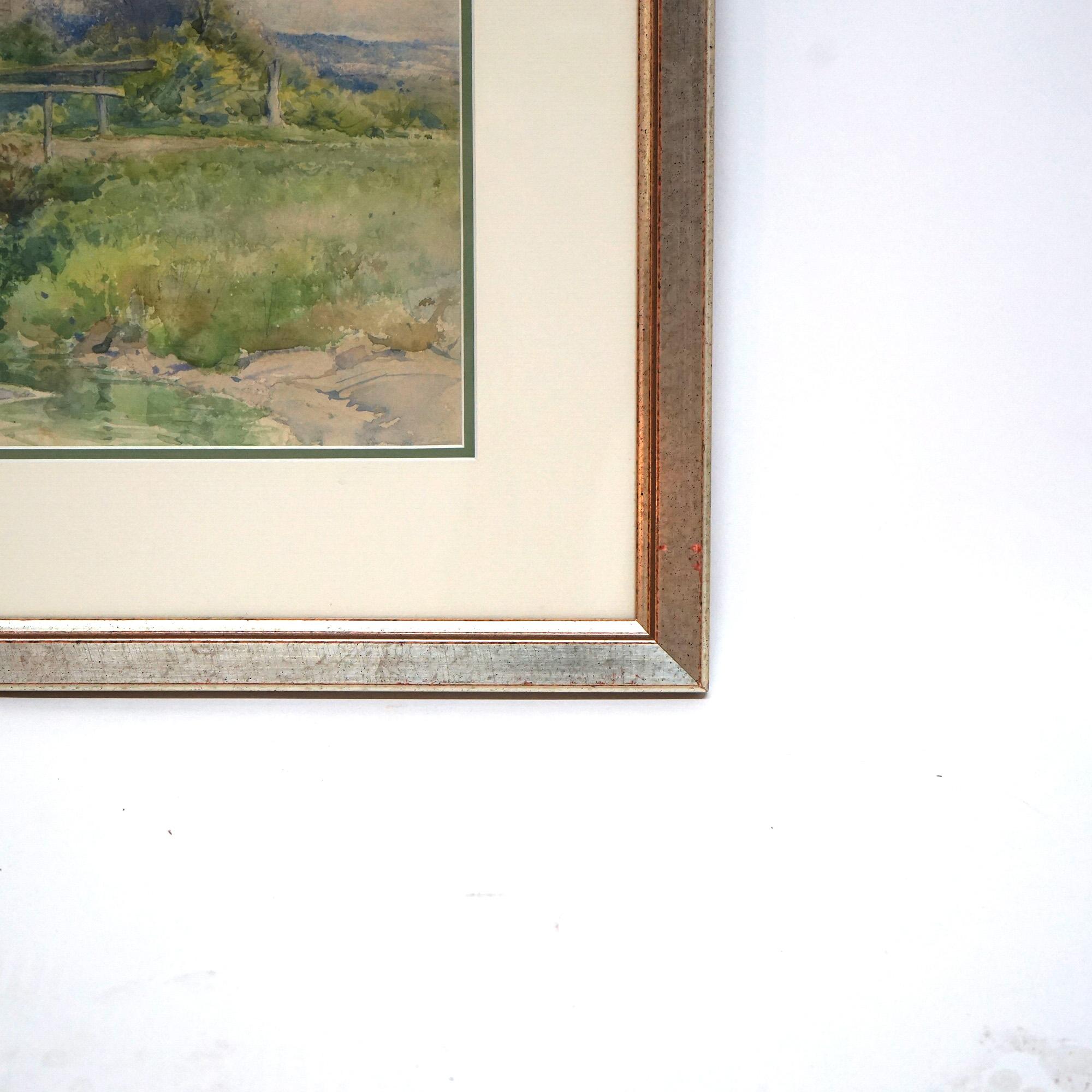 Watercolor Landscape Painting with Country Bridge by G H Smillie, Framed, 20thC For Sale 2