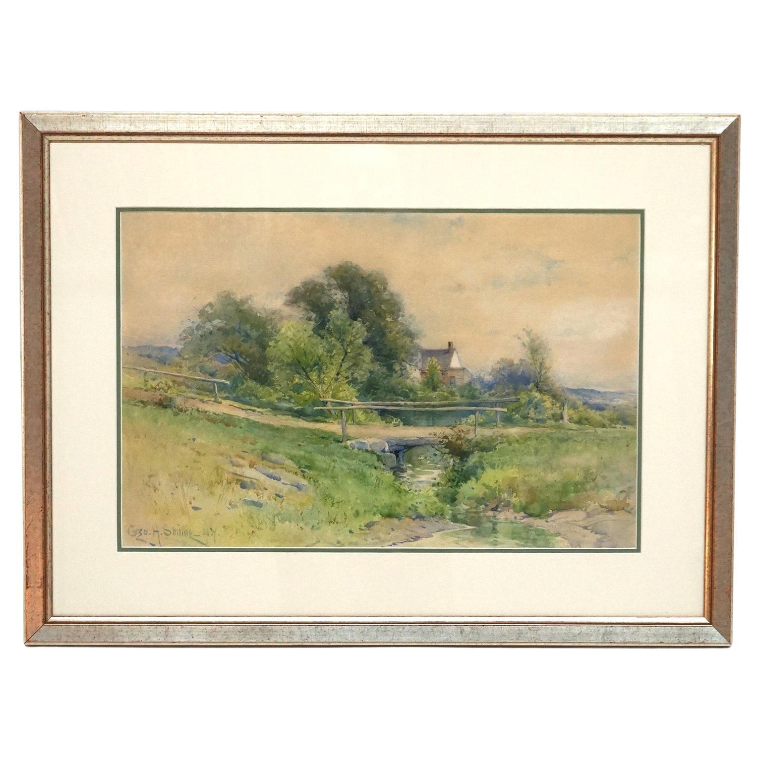 Watercolor Landscape Painting with Country Bridge by G H Smillie, Framed, 20thC For Sale