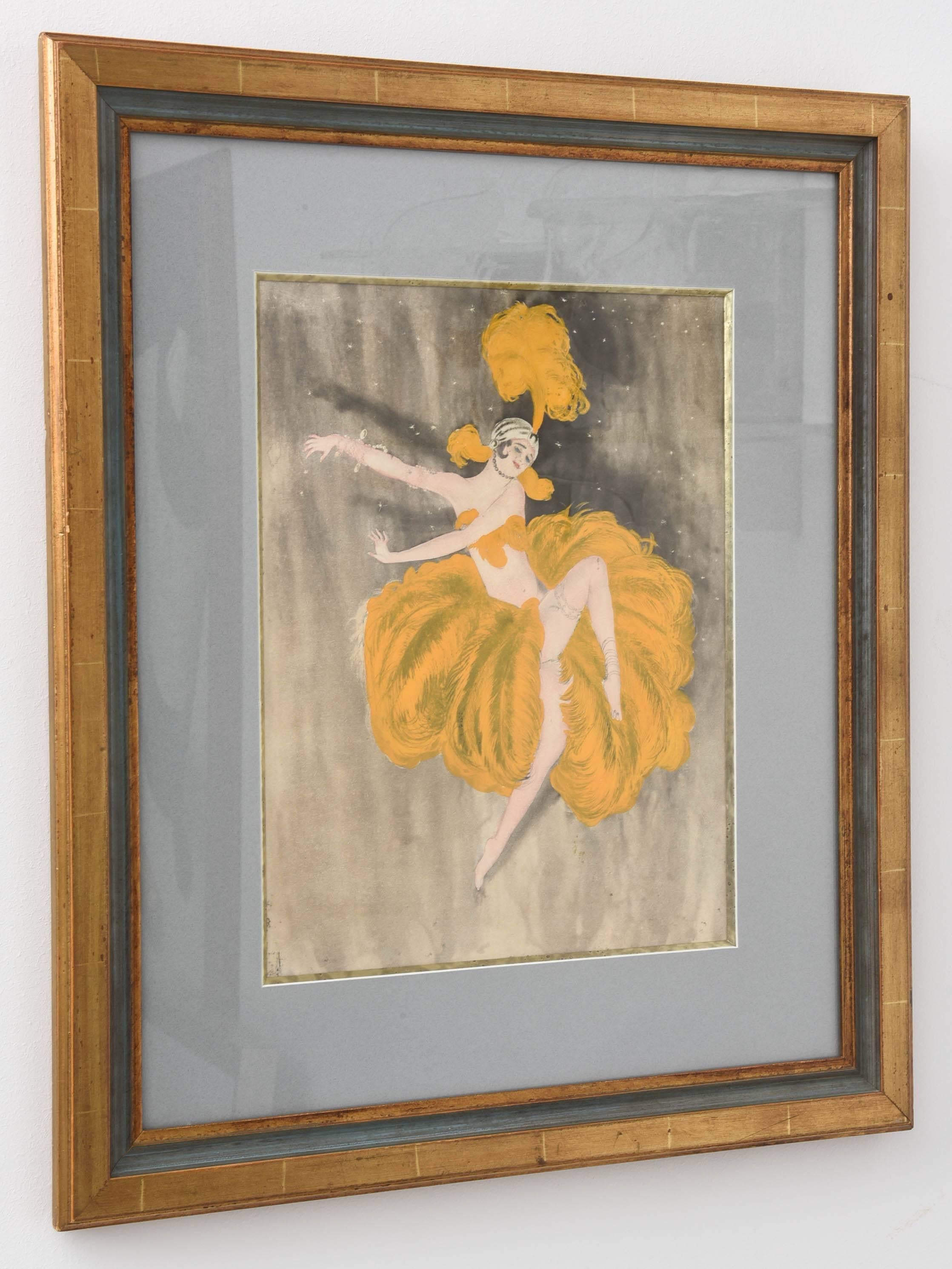 This stylish and beautiful pencil and watercolor drawing of an Art Deco burlesque dancer in her marigold-yellow colored ostrich plumes dances with grace and emotion across the stage. The piece captures the energy of the Art Deco period with its