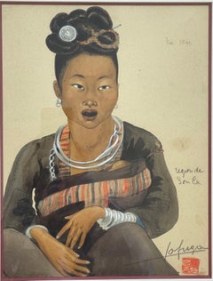 Léa LAFUGIE (1890-1972), watercolor of a child and a woman "Ta Moc"