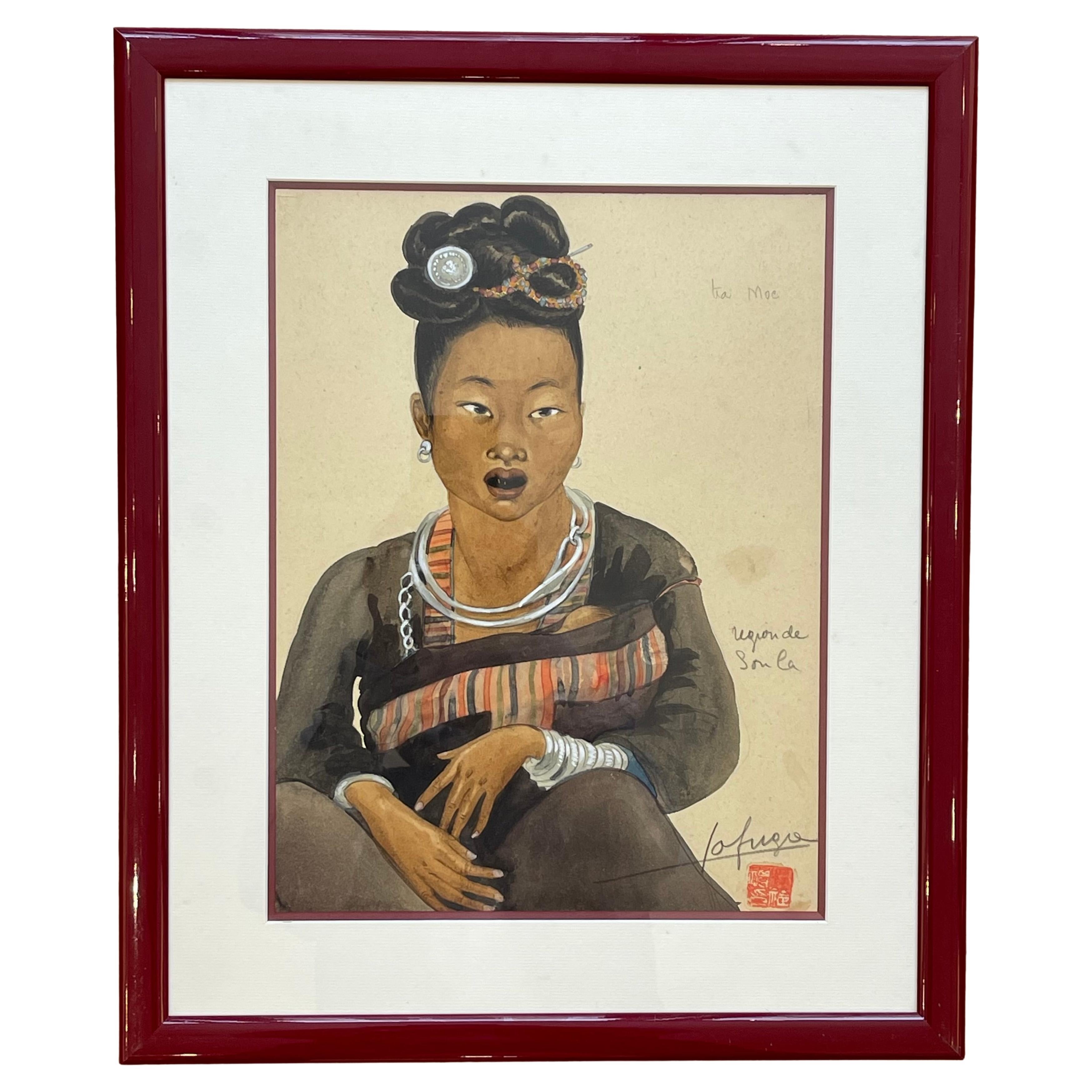 Watercolor of a child and a woman "Ta Moc", Léa LAFUGIE (1890-1972) For Sale