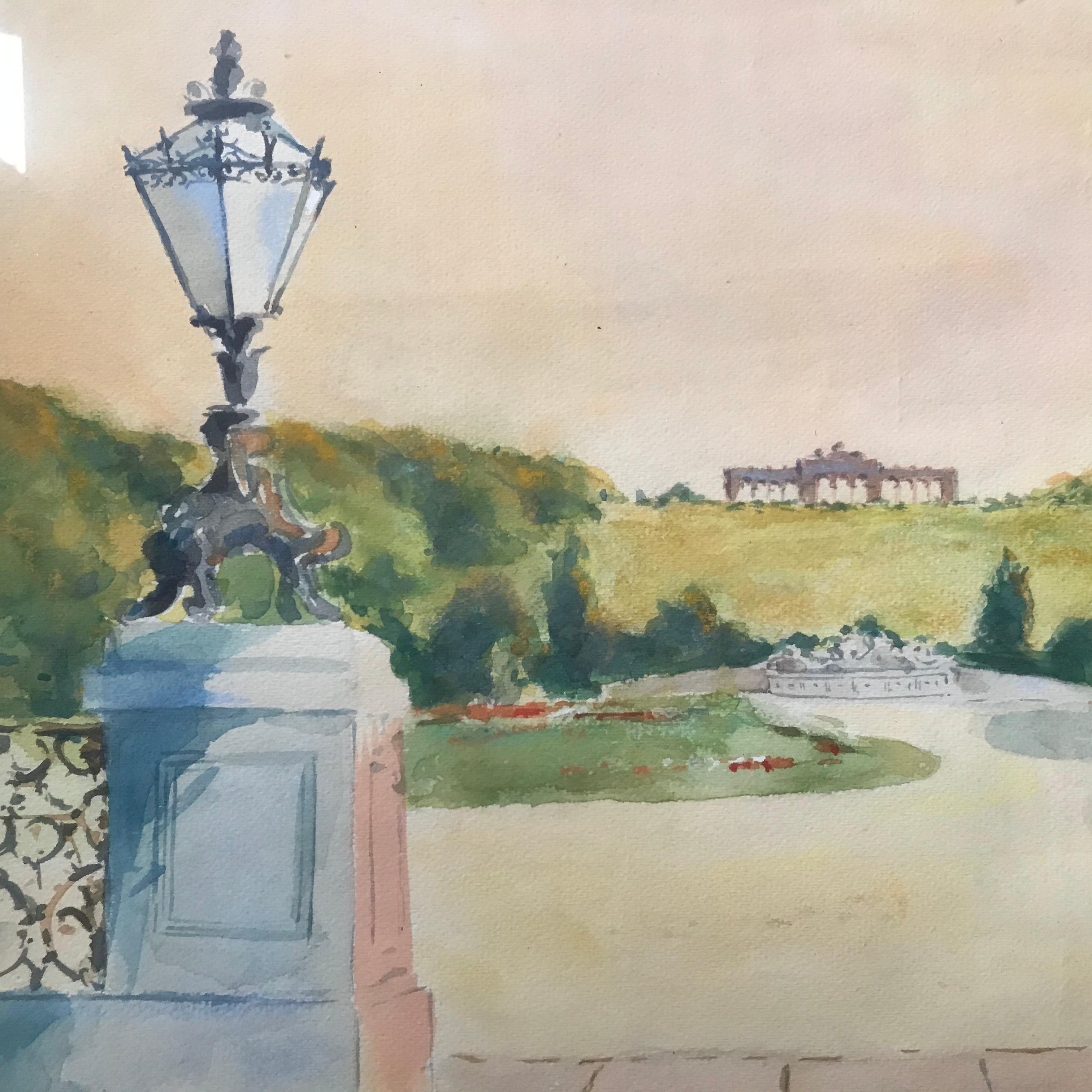 Romantic Watercolor of a French Castle by Unknown Artist For Sale