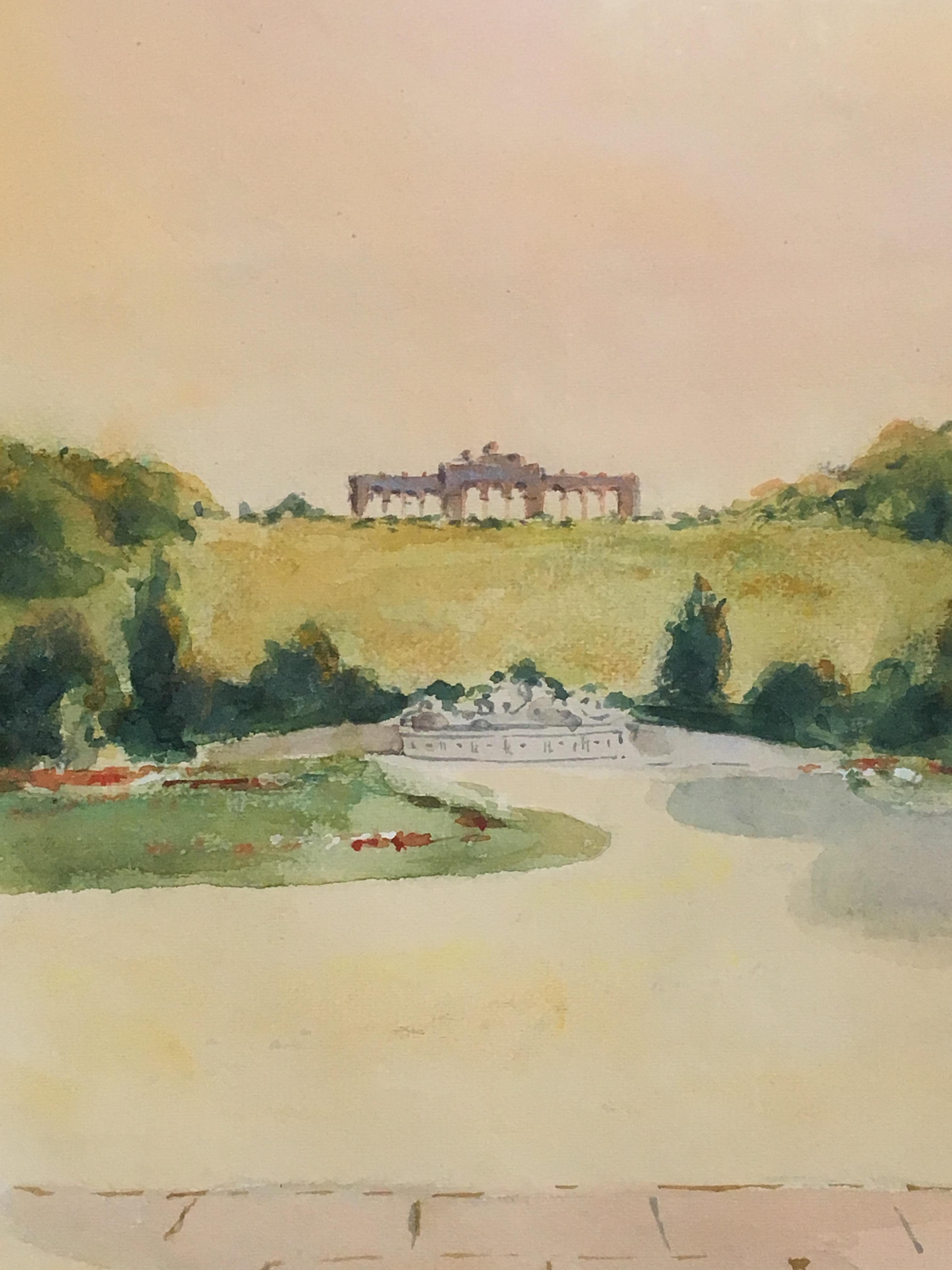 Hand-Painted Watercolor of a French Castle by Unknown Artist For Sale