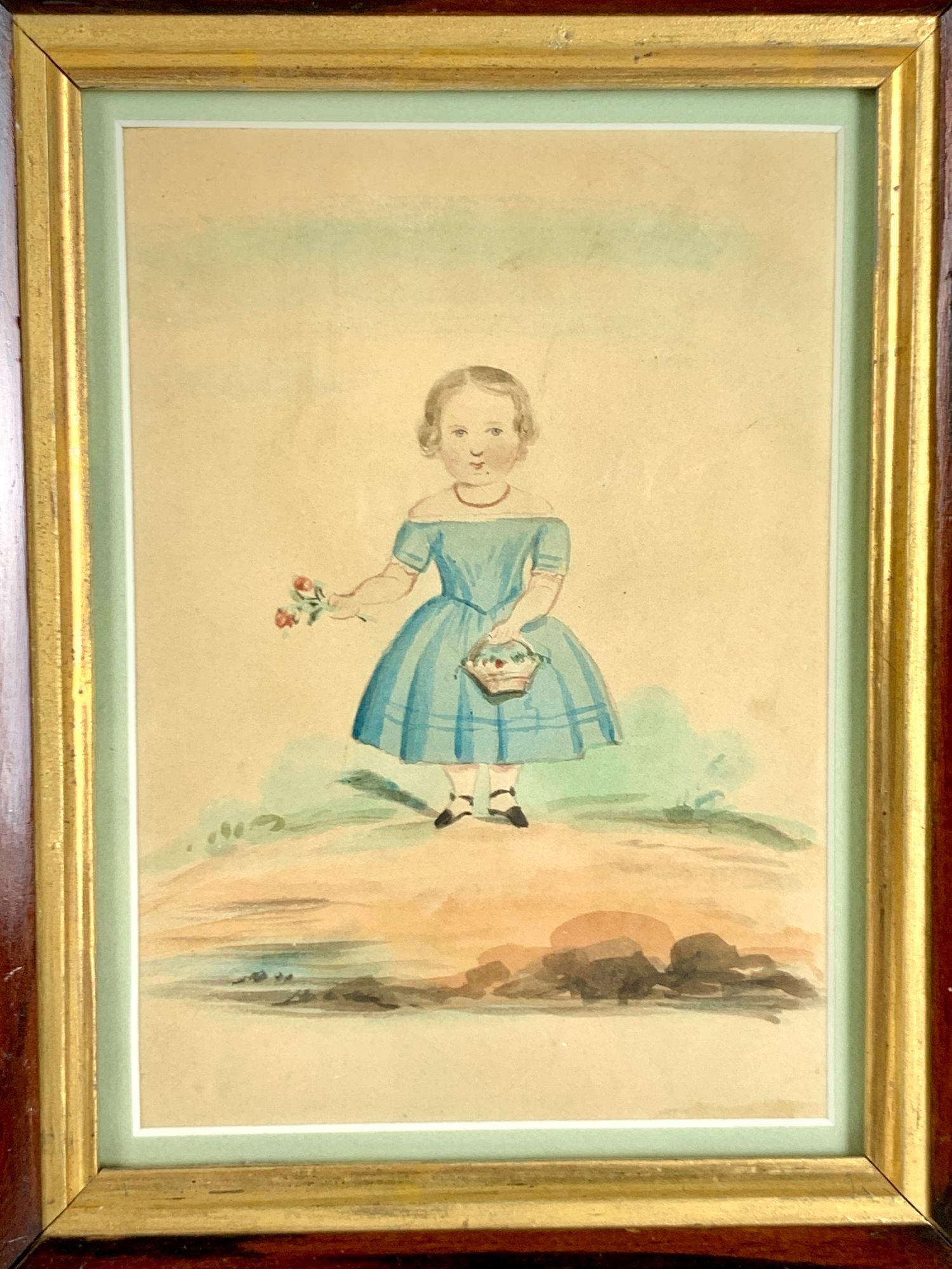 This lovely hand painted watercolor portrait of a young girl was created around 1840.
The girl in the portrait is wearing a light blue dress that accentuates her eyes.
The dress is in the early Victorian off-the-shoulder style.
She wears a simple