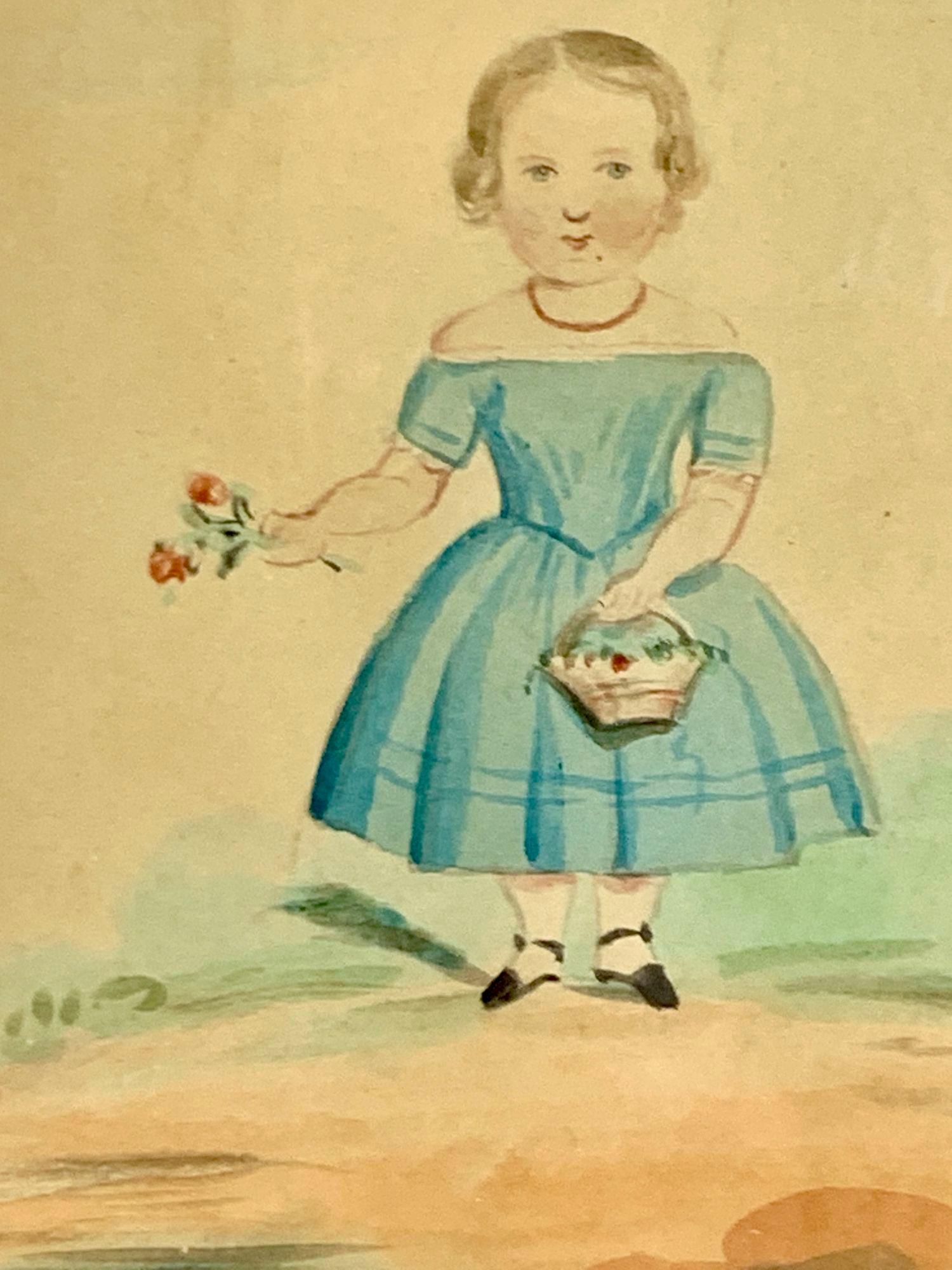 Country Watercolor of a Girl in a Blue Dress Holding Pink Roses England Circa 1840