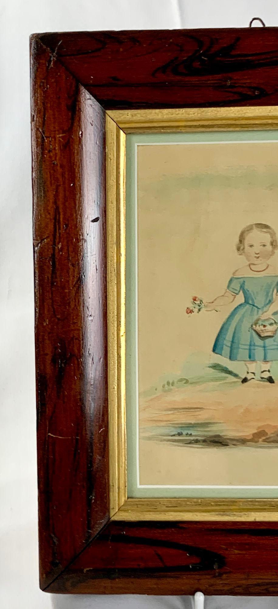 Hand-Painted Watercolor of a Girl in a Blue Dress Holding Pink Roses England Circa 1840