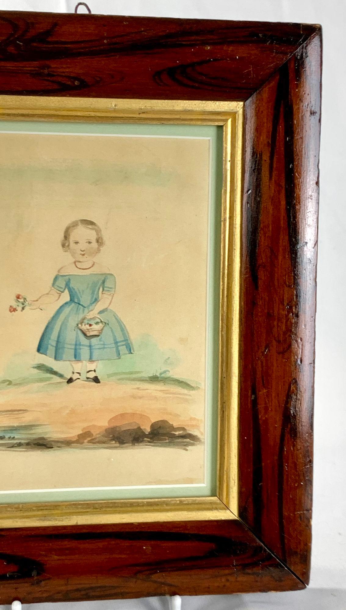 Watercolor of a Girl in a Blue Dress Holding Pink Roses England Circa 1840 In Excellent Condition In Katonah, NY