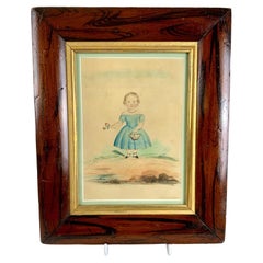 Watercolor of a Girl in a Blue Dress Holding Pink Roses England Circa 1840