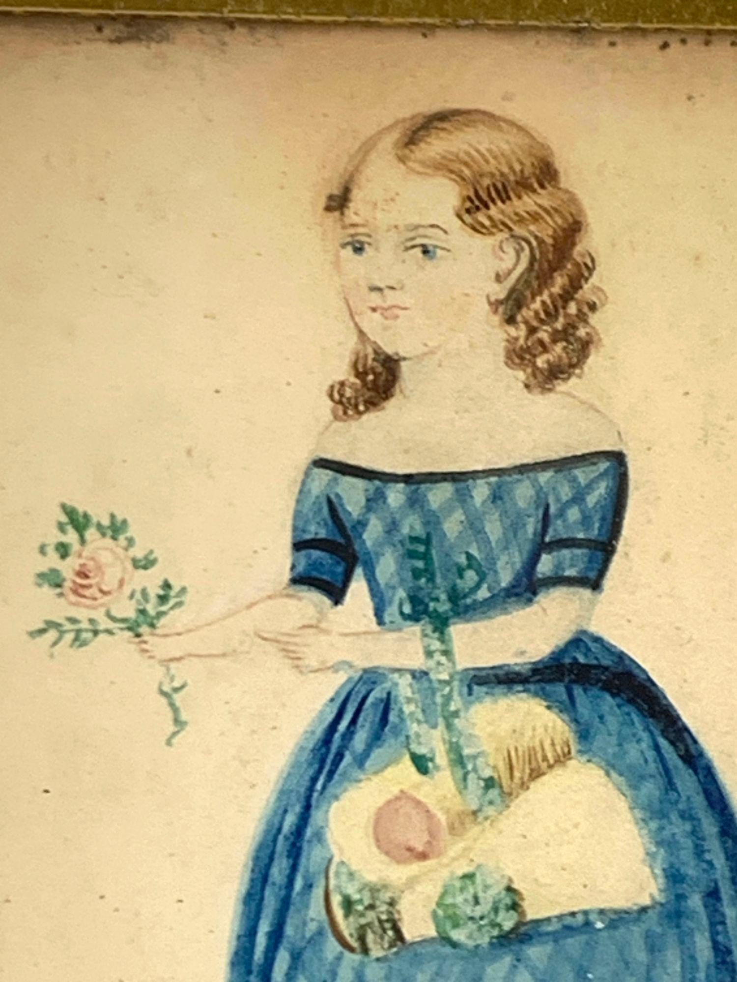 Country Watercolor of a Girl in a Blue Dress with a Pink Rose, England Circa 1840