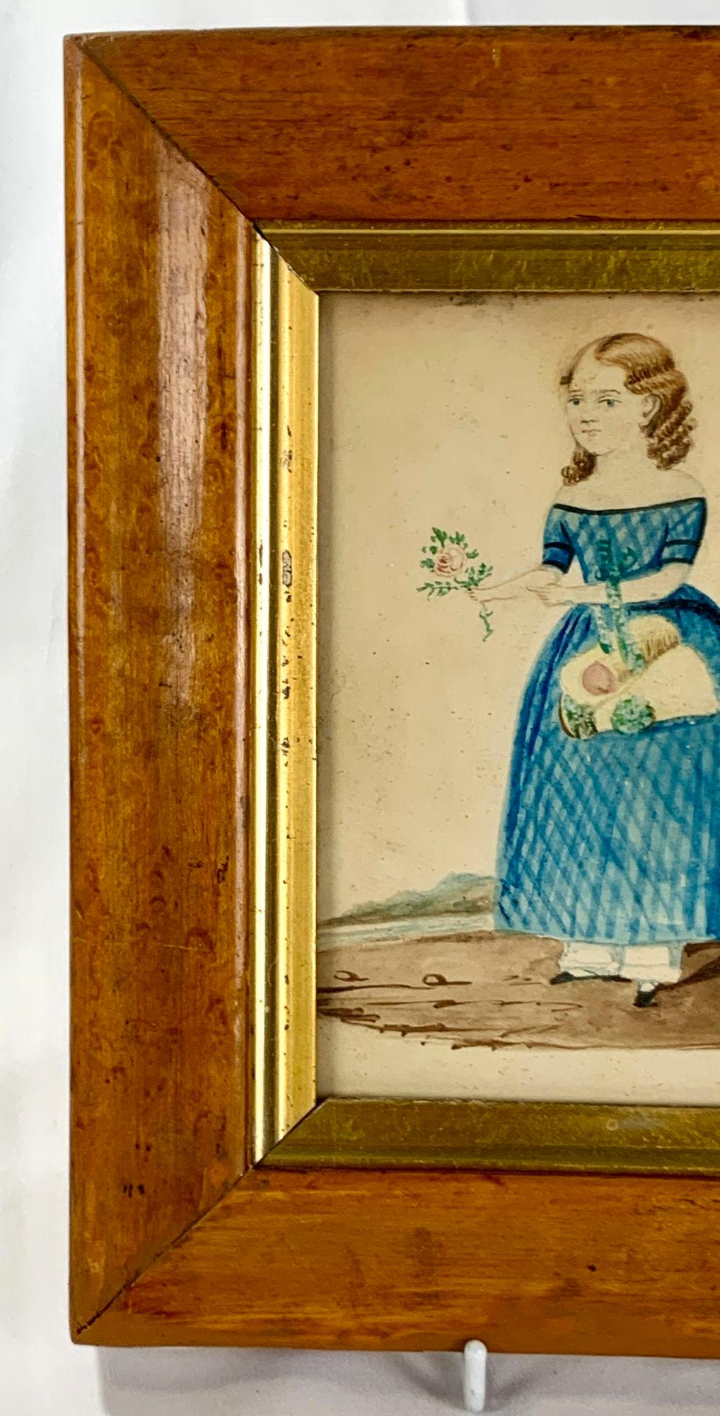 English Watercolor of a Girl in a Blue Dress with a Pink Rose, England Circa 1840