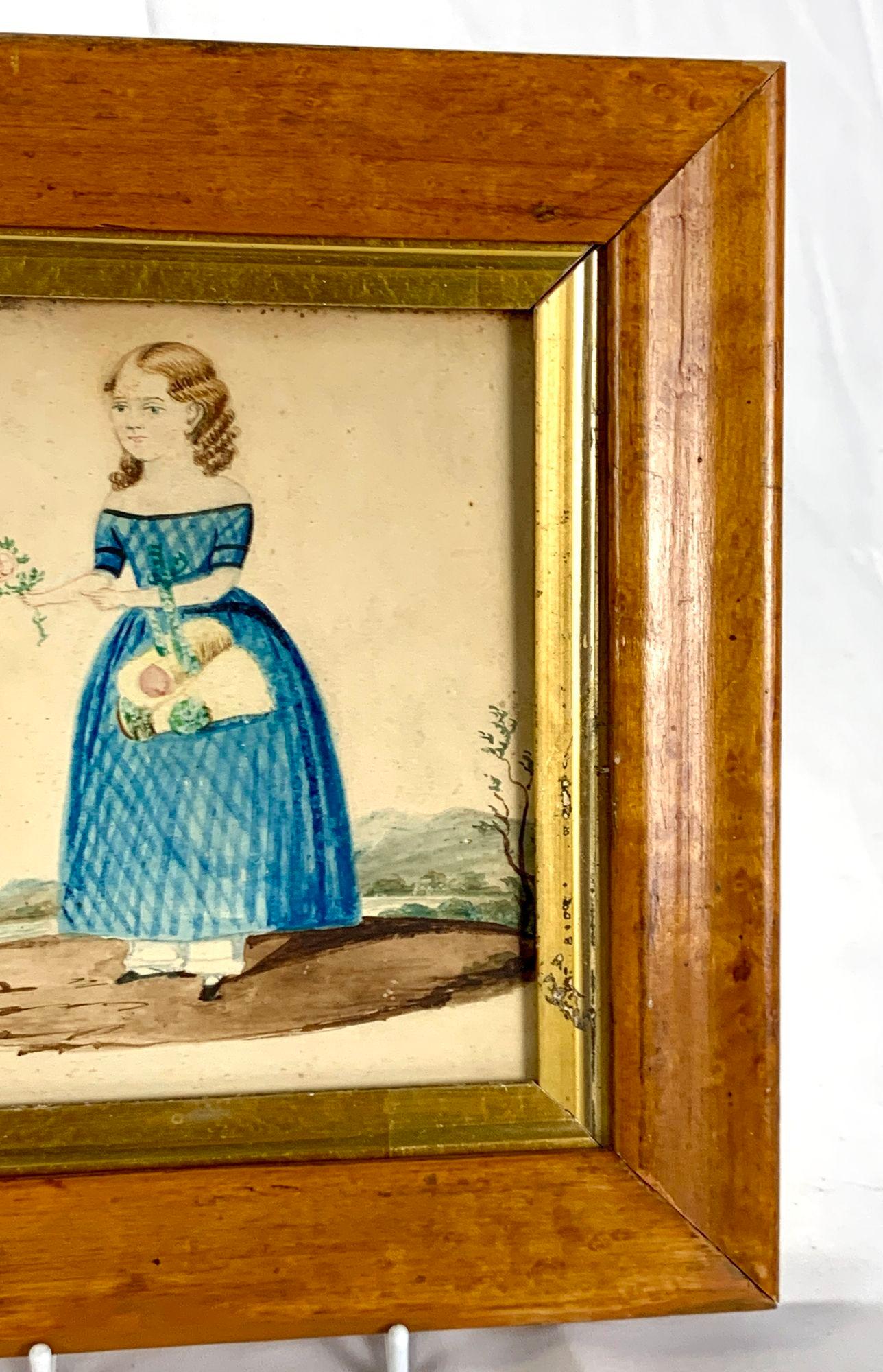 Hand-Painted Watercolor of a Girl in a Blue Dress with a Pink Rose, England Circa 1840