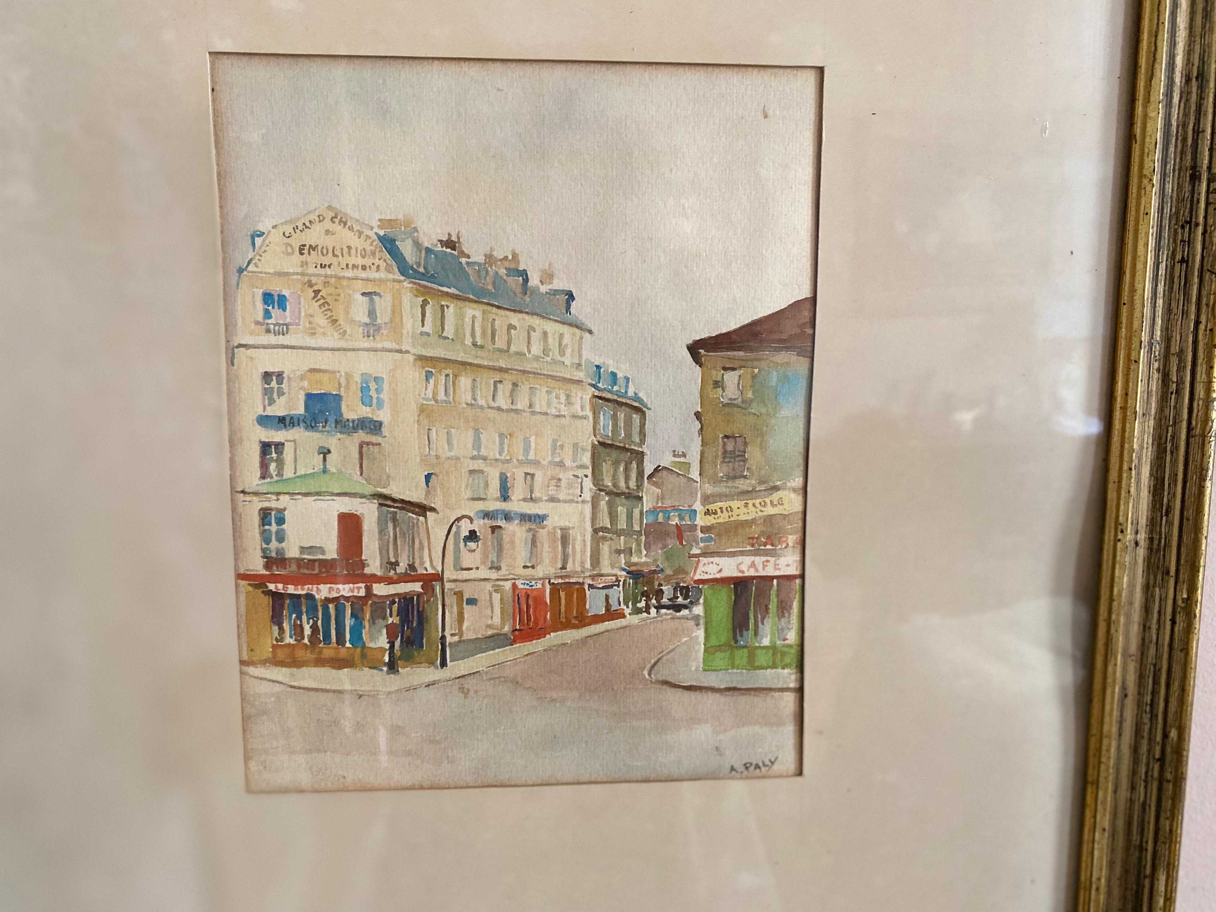 Watercolor of a Paris street scene with a „Berliner Leiste“ frame by A. Paly For Sale 3