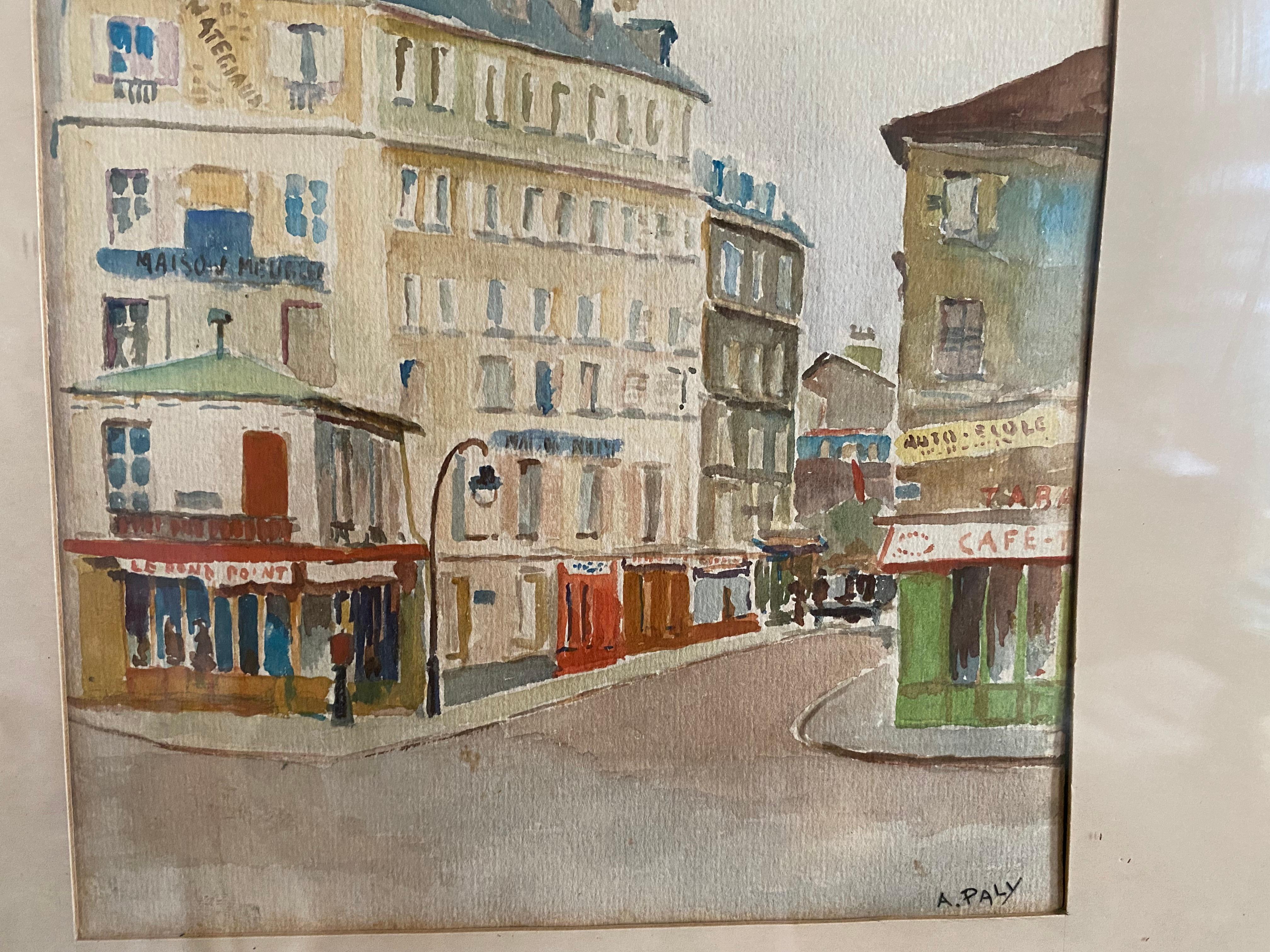 Watercolor of a Paris street scene with a „Berliner Leiste“ frame by A. Paly For Sale 5