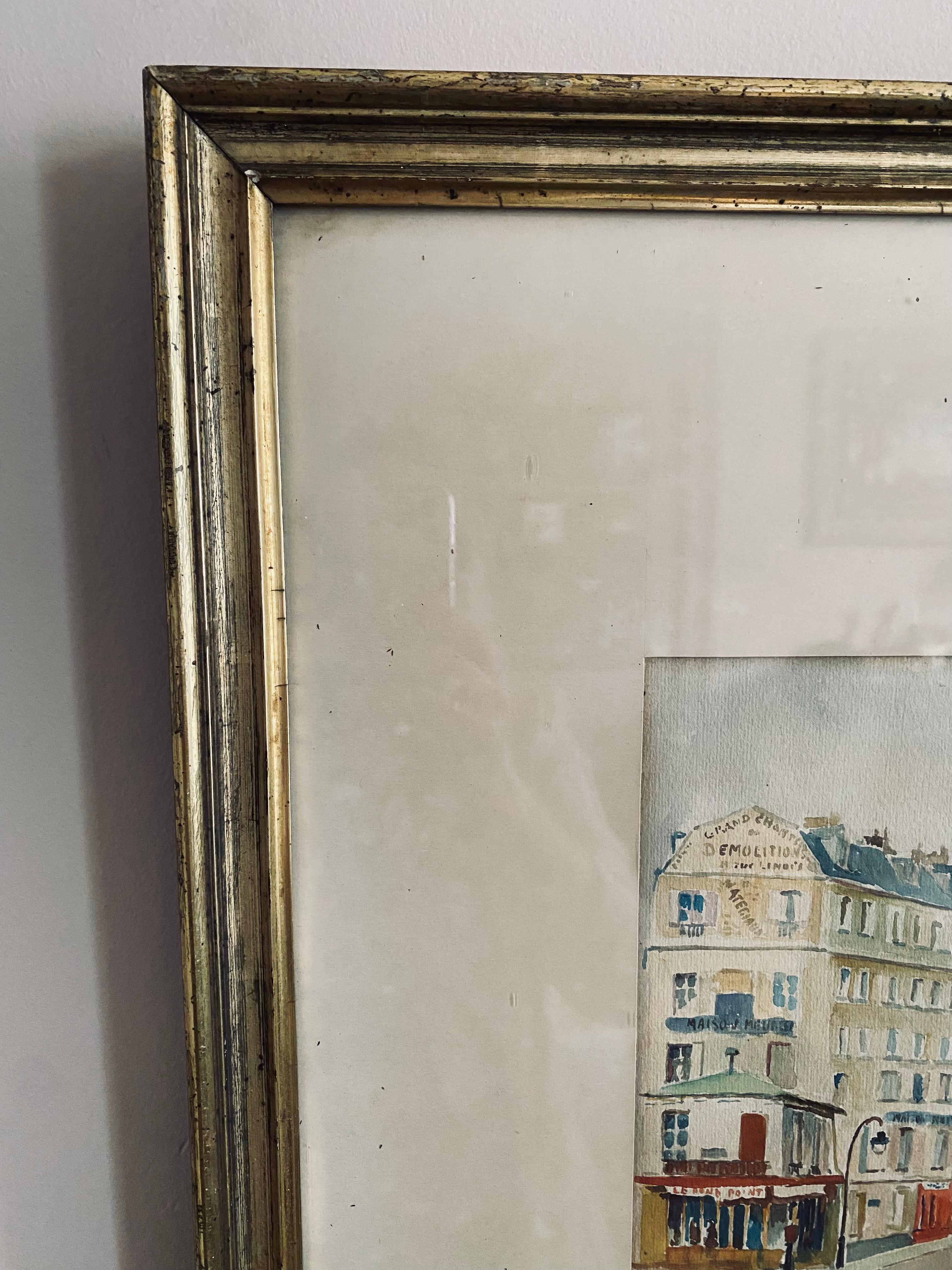 The watercolor of a Paris street scene by A. Paly (1889-1979) is framed in a beautiful 19th century frame. The gouache dates from the early 20th century and conveys the French attitude to life with just a few brush strokes.
The frame is