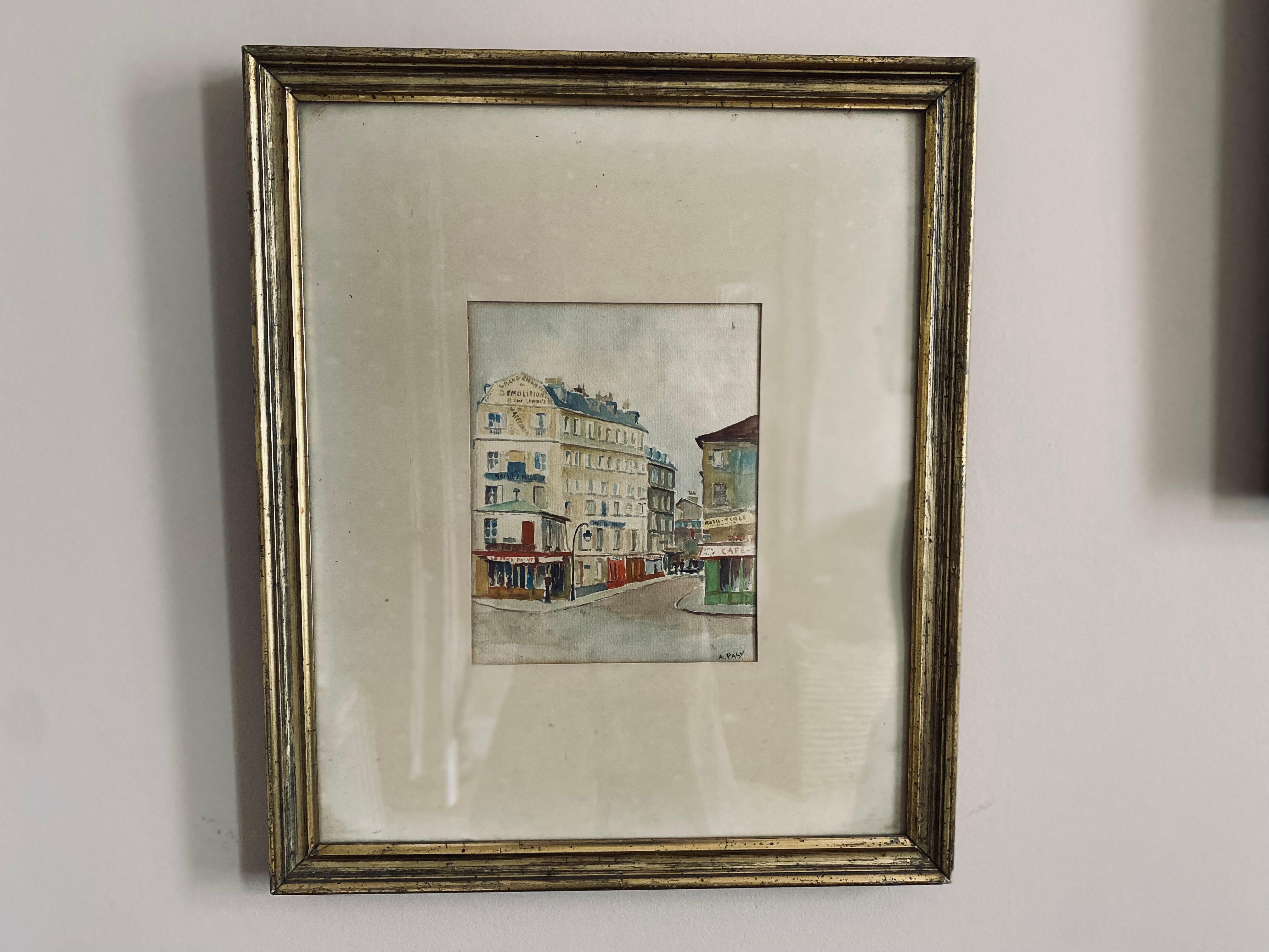 Art Deco Watercolor of a Paris street scene with a „Berliner Leiste“ frame by A. Paly For Sale