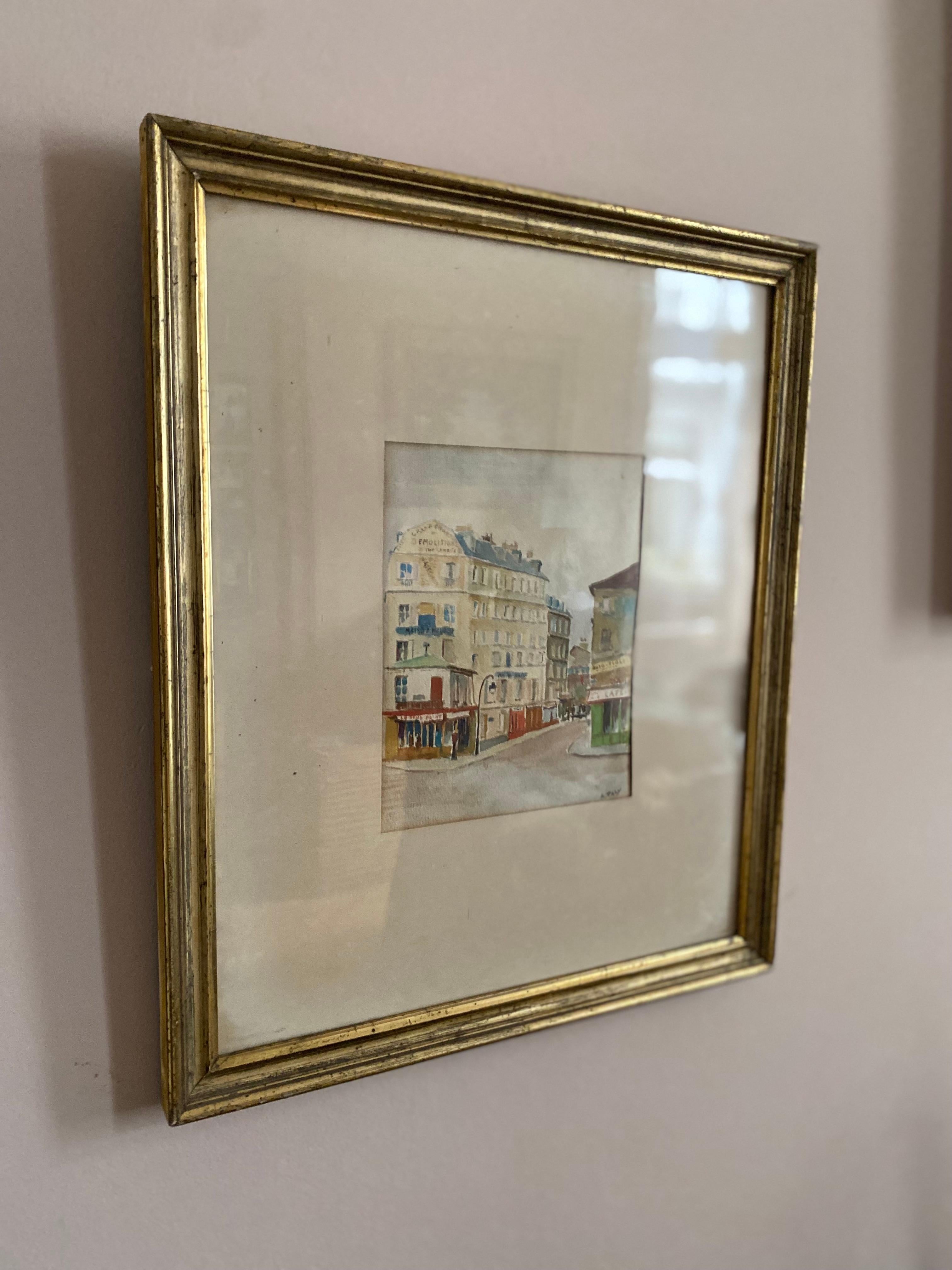 Glass Watercolor of a Paris street scene with a „Berliner Leiste“ frame by A. Paly For Sale